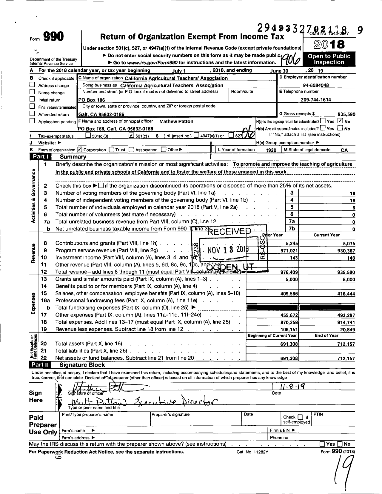 Image of first page of 2018 Form 990O for California Agricultural Teachers Association