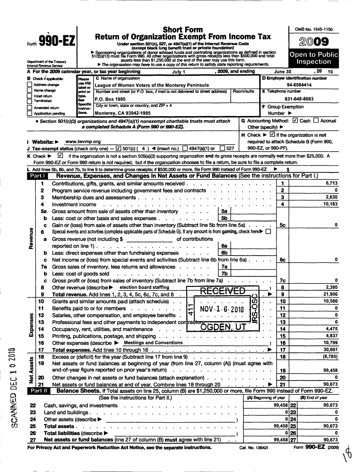 Image of first page of 2009 Form 990EO for League of Women Voters of Monterey County