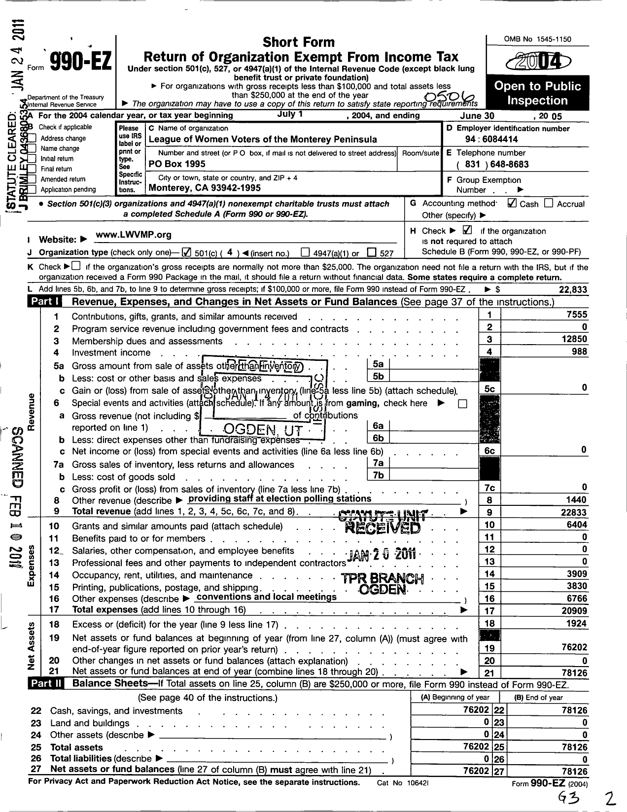 Image of first page of 2004 Form 990EO for League of Women Voters of Monterey County