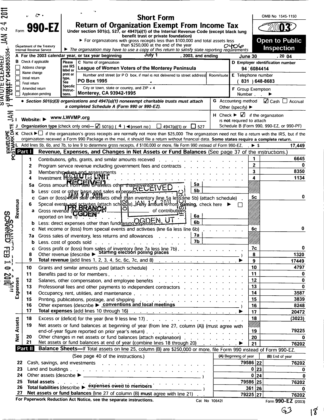 Image of first page of 2003 Form 990EO for League of Women Voters of Monterey County