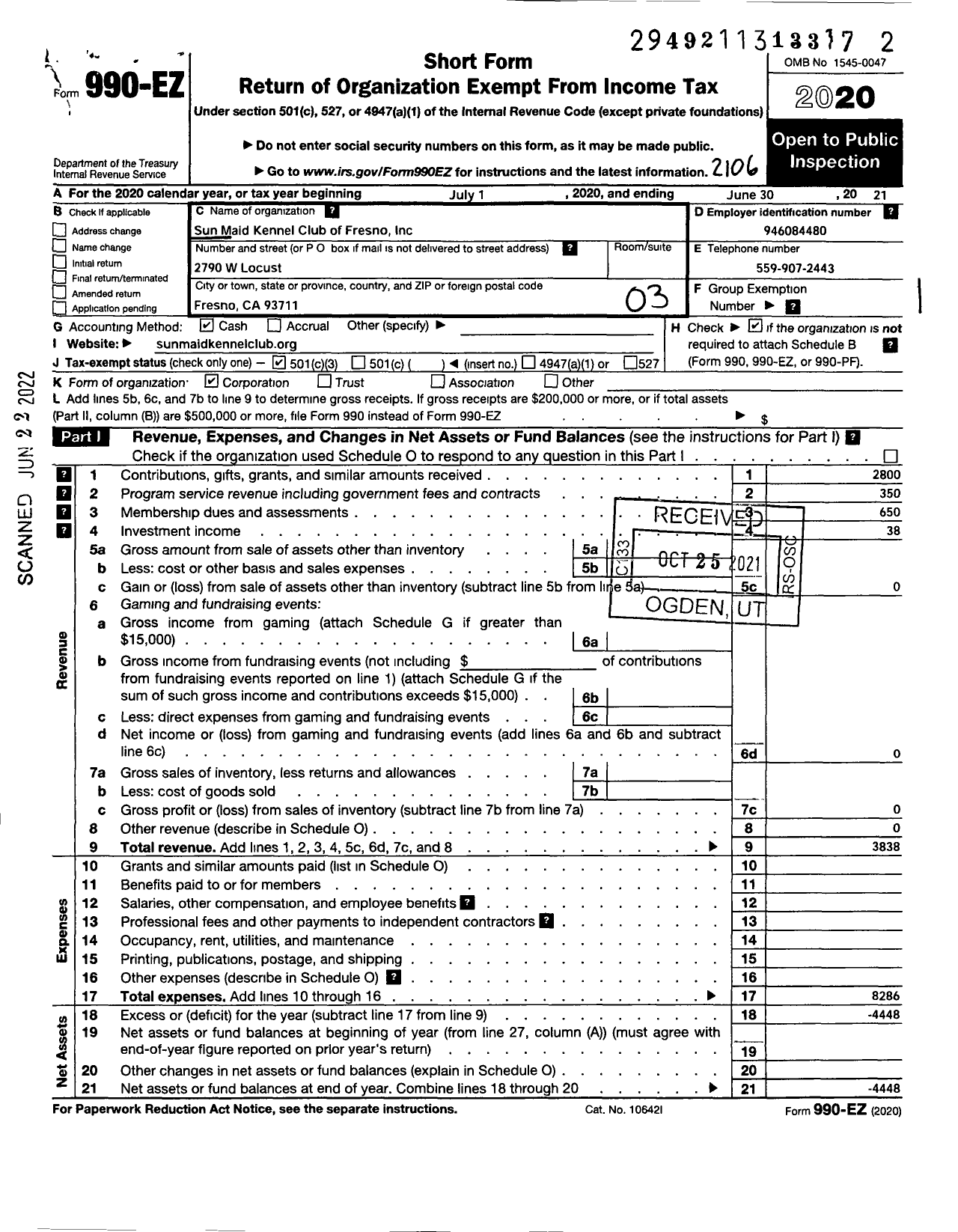 Image of first page of 2020 Form 990EZ for Sun Maid Kennel Club of Fresno