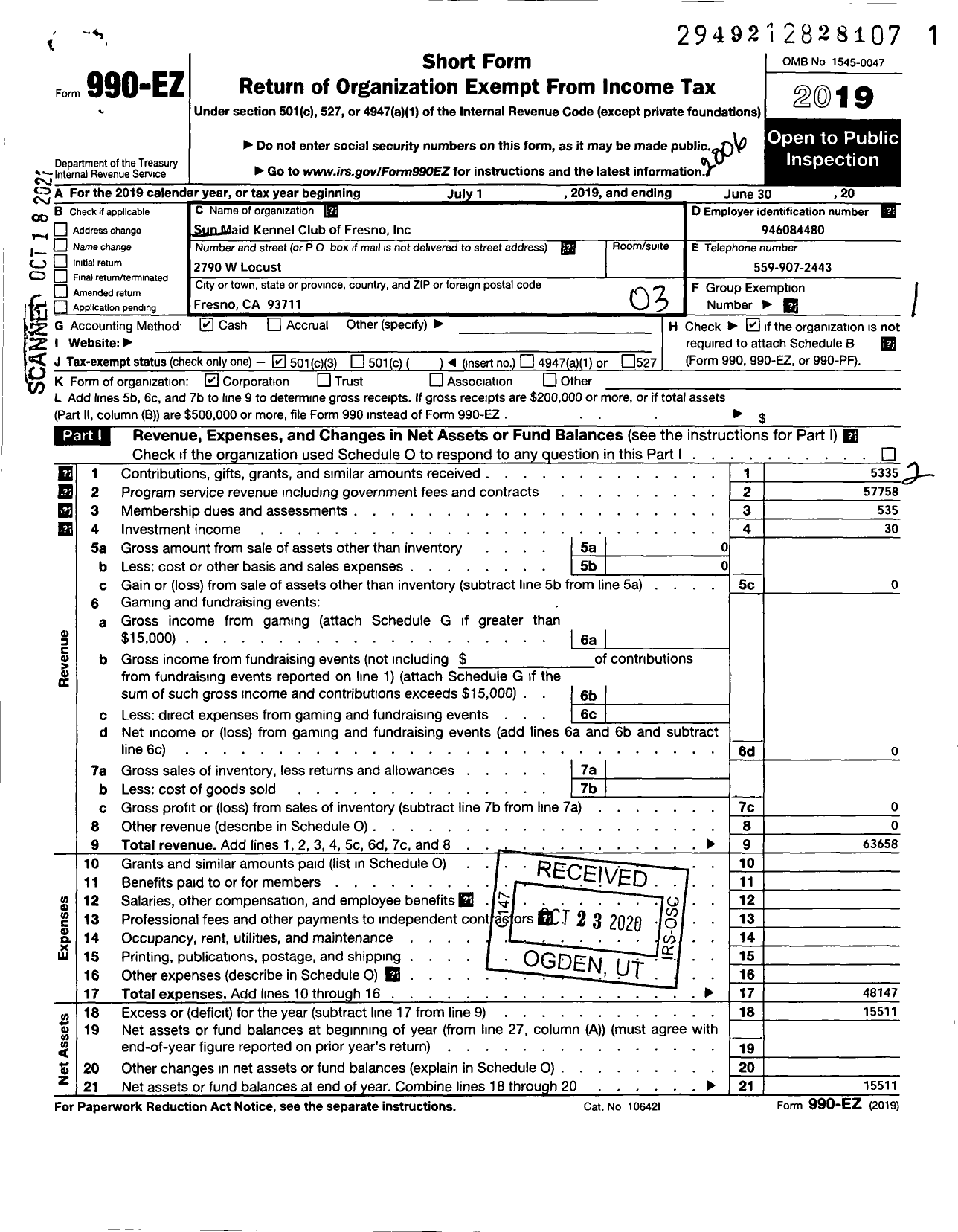 Image of first page of 2019 Form 990EZ for Sun Maid Kennel Club of Fresno