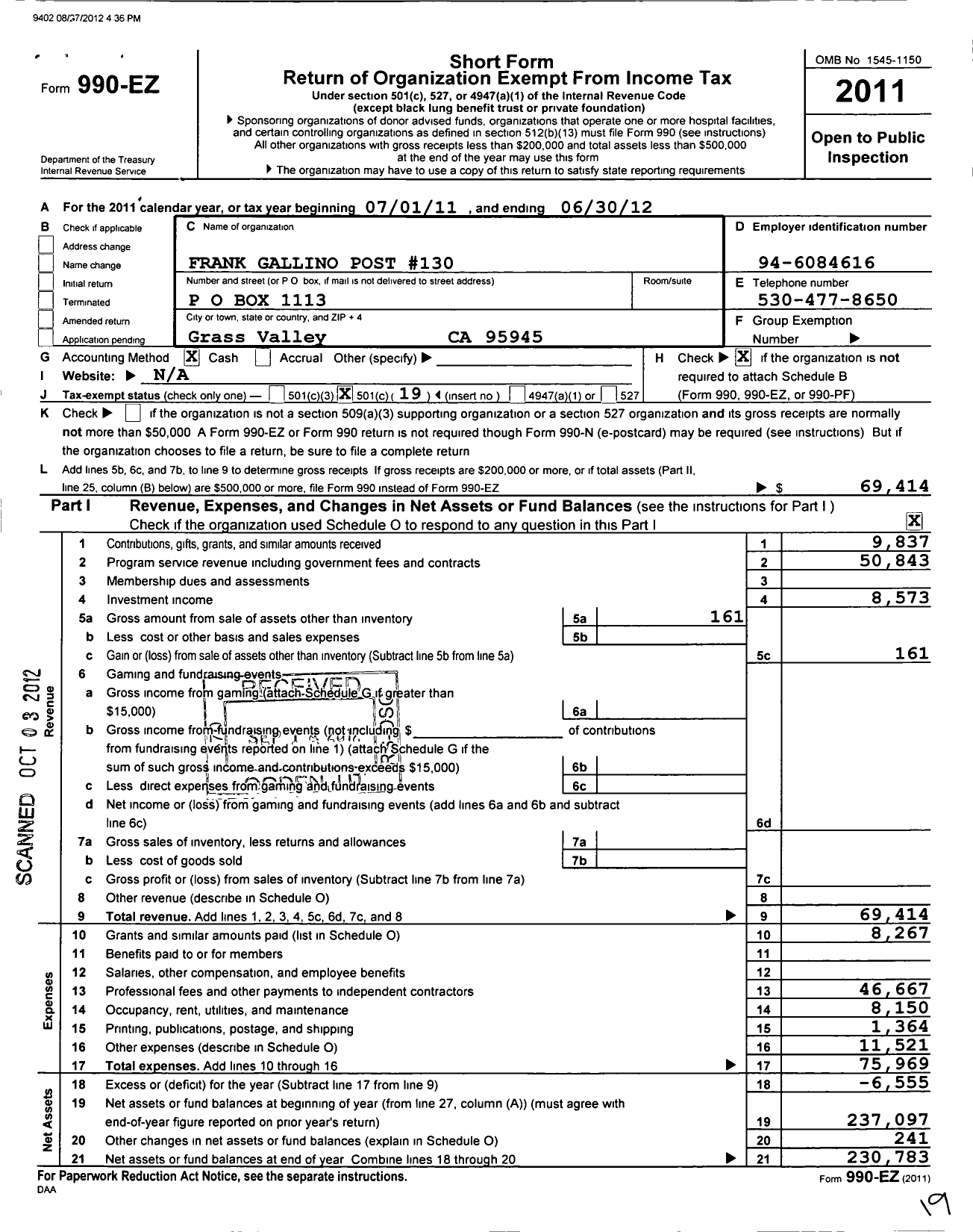 Image of first page of 2011 Form 990EO for Frank Gallino Post 130 American Legion