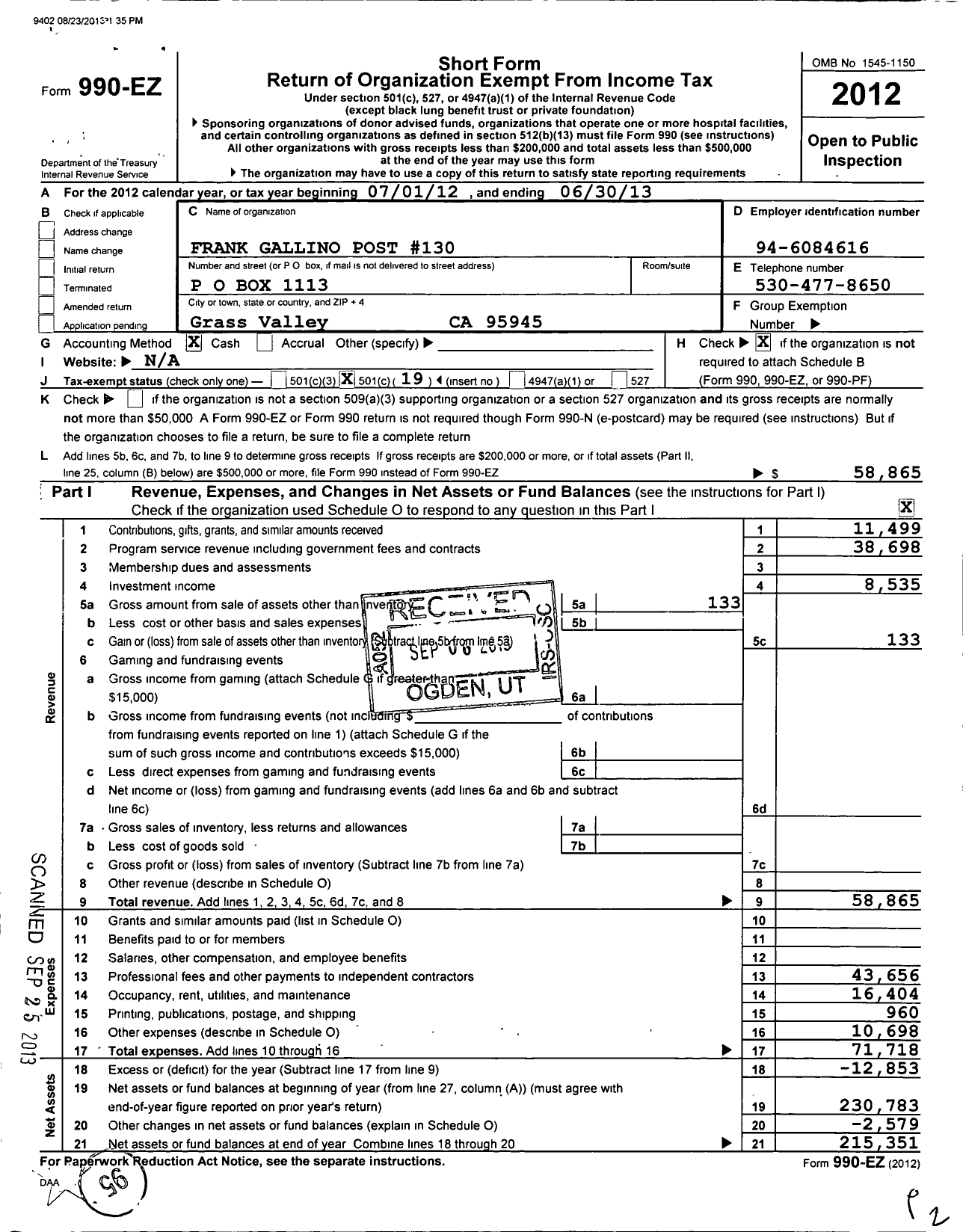 Image of first page of 2012 Form 990EO for Frank Gallino Post 130 American Legion