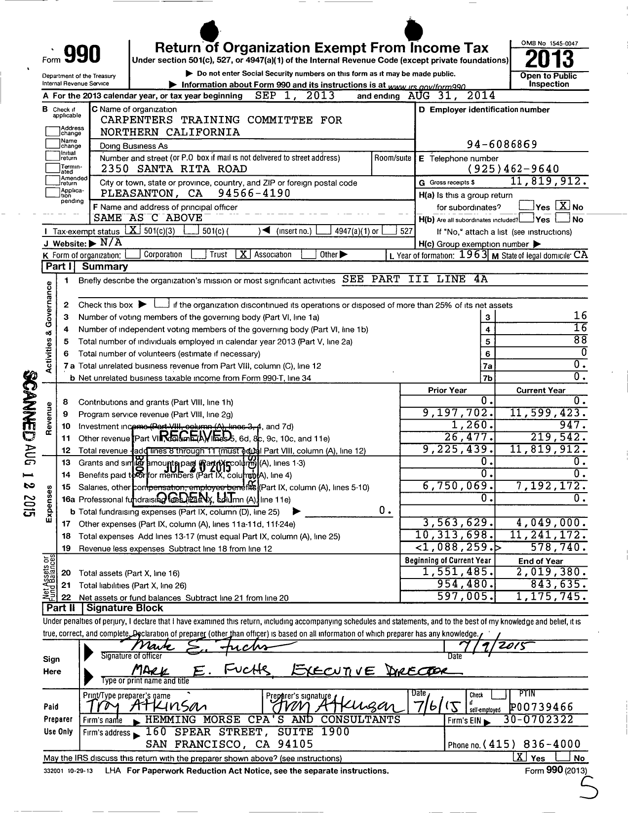 Image of first page of 2013 Form 990 for Carpenters Training Committee for Northern California