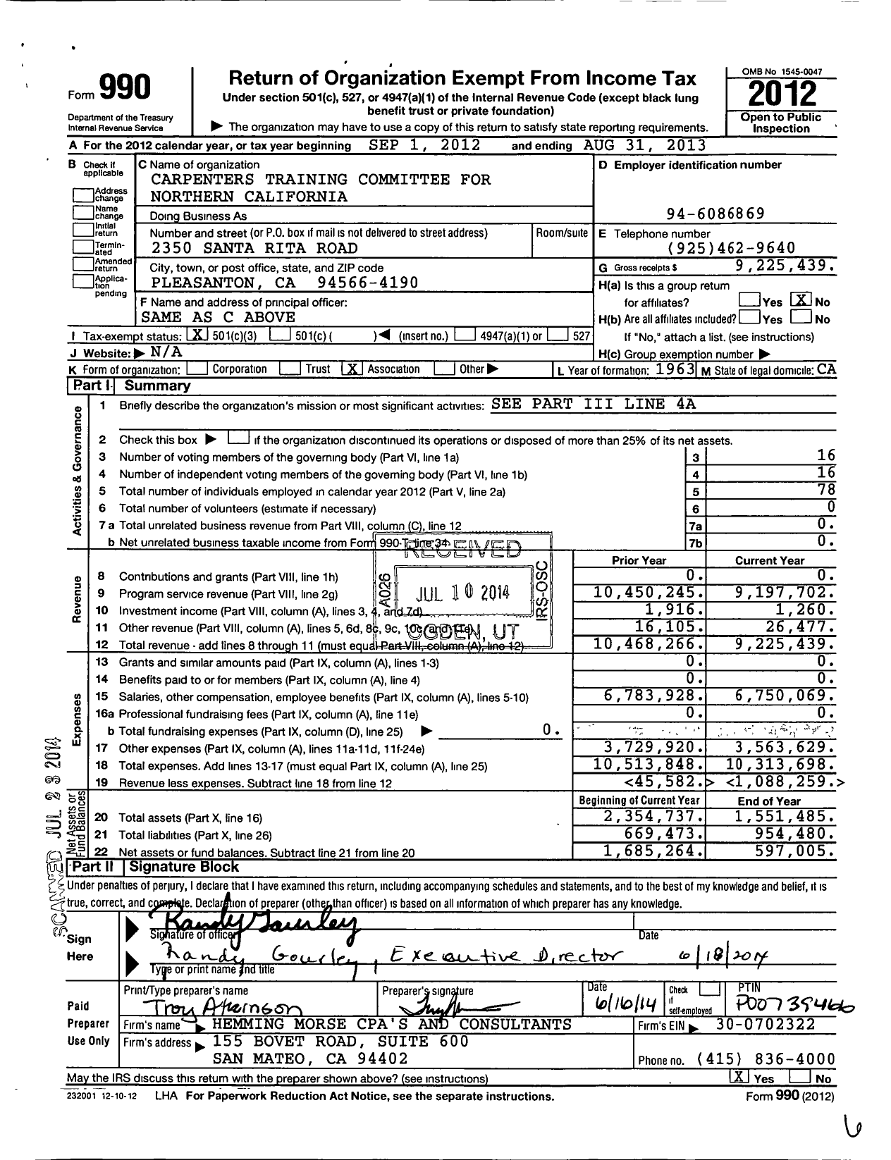 Image of first page of 2012 Form 990 for Carpenters Training Committee for Northern California