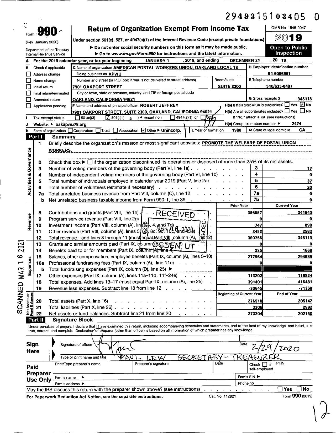 Image of first page of 2019 Form 990O for American Postal Workers Union (APWU)