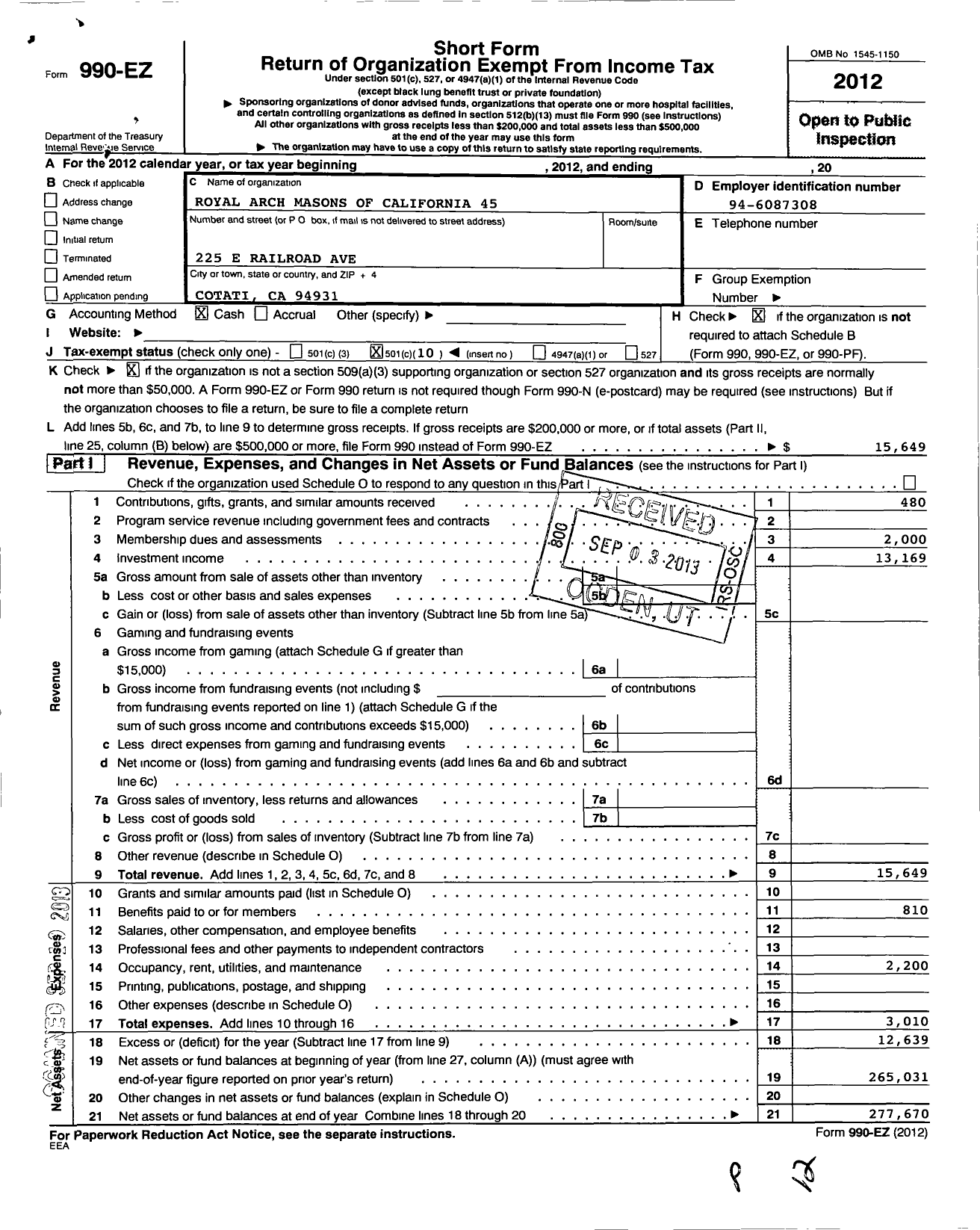 Image of first page of 2012 Form 990EO for Royal Arch Masons of California - 45 Santa Rosa Chapter