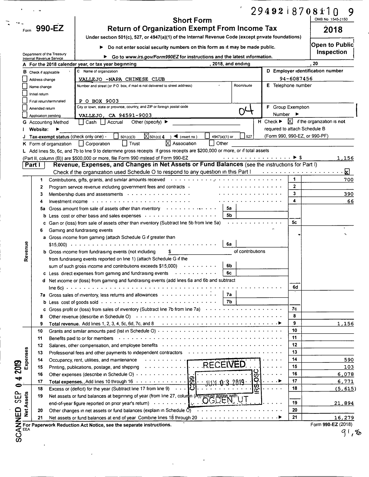 Image of first page of 2018 Form 990EO for Vallejo -napa Chinese Club