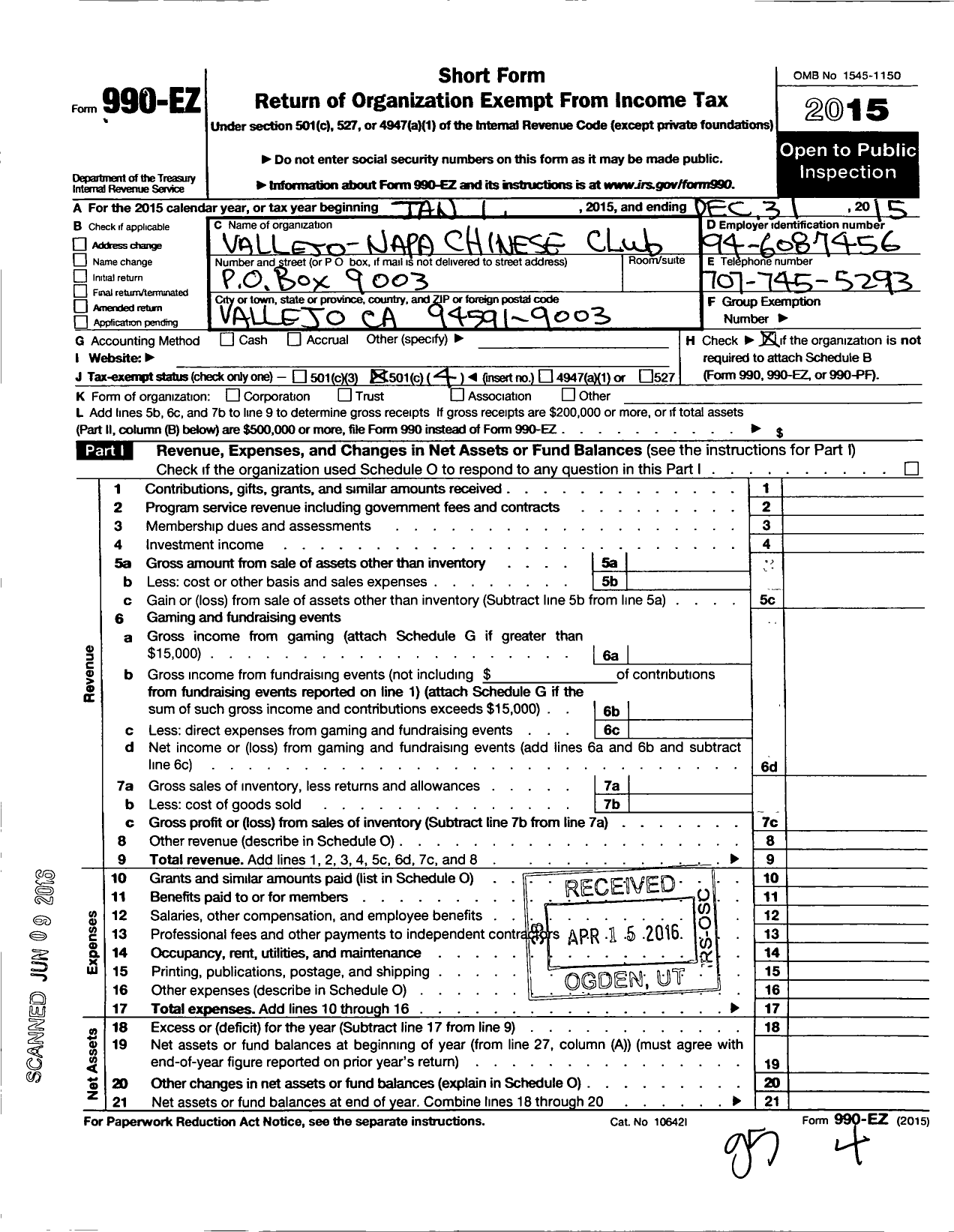 Image of first page of 2015 Form 990EO for Vallejo -napa Chinese Club