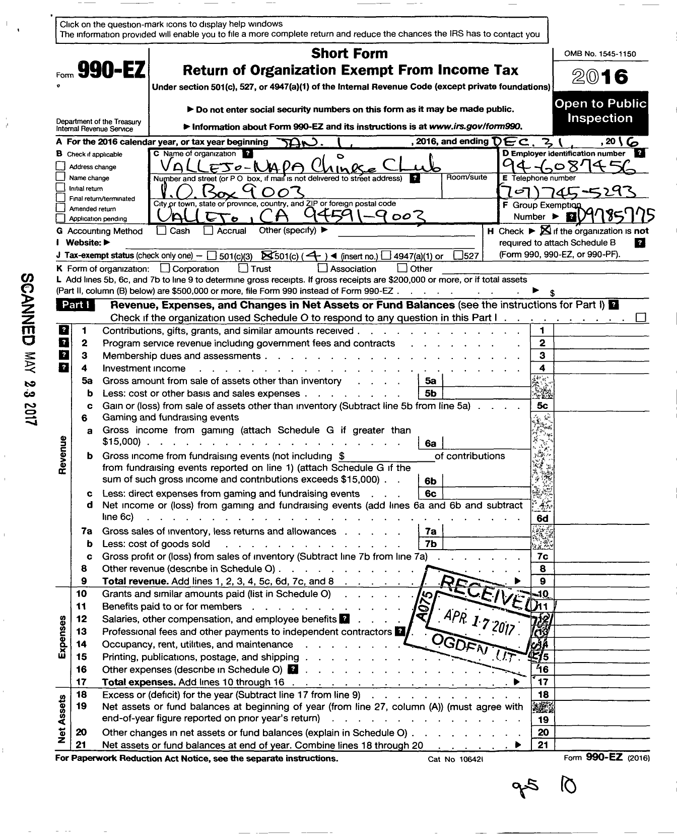 Image of first page of 2016 Form 990EO for Vallejo -napa Chinese Club