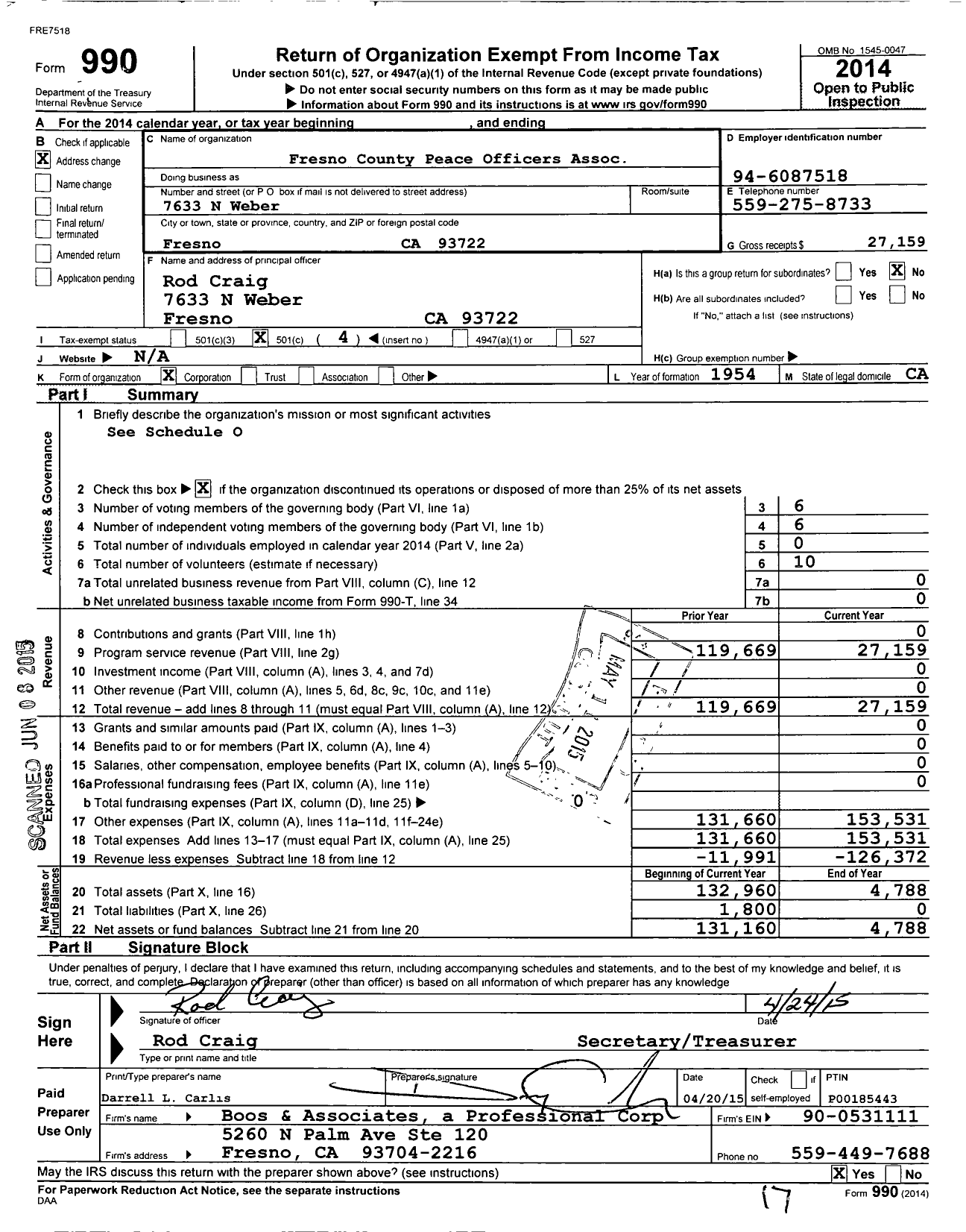 Image of first page of 2014 Form 990O for Fresno County Peace Officers Association Attn Sheriffs Foundation Addie