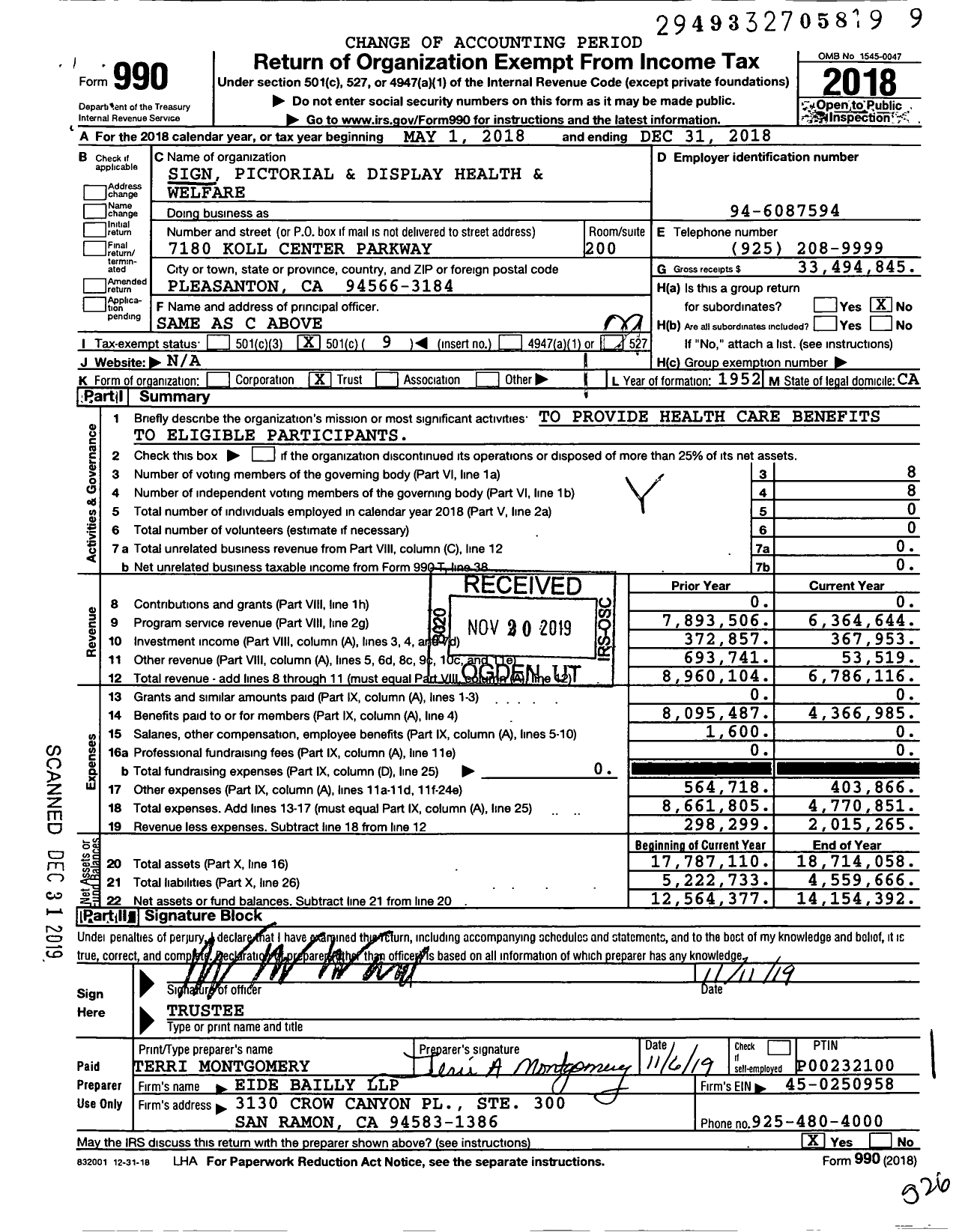 Image of first page of 2018 Form 990O for Sign Pictorial and Display Health and Welfare