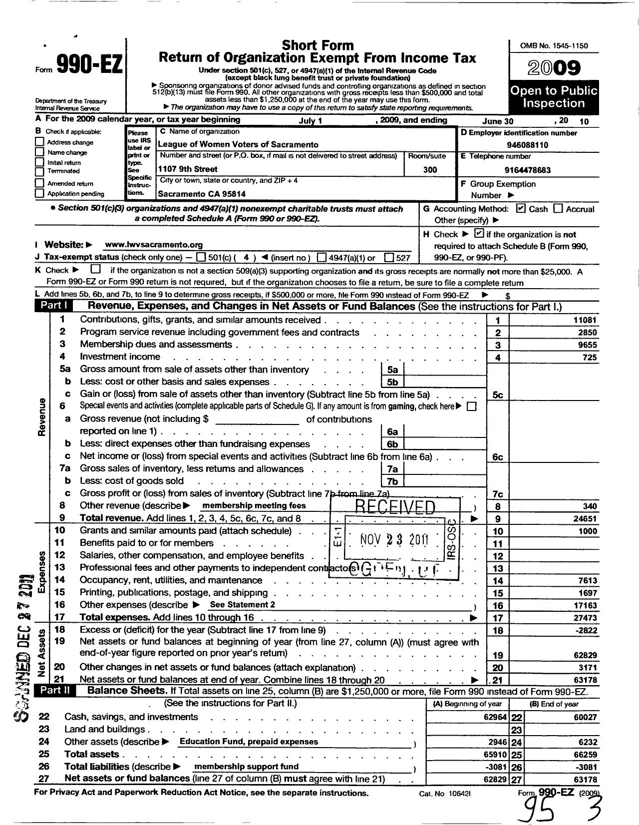 Image of first page of 2009 Form 990EO for League of Women Voters of Sacramento