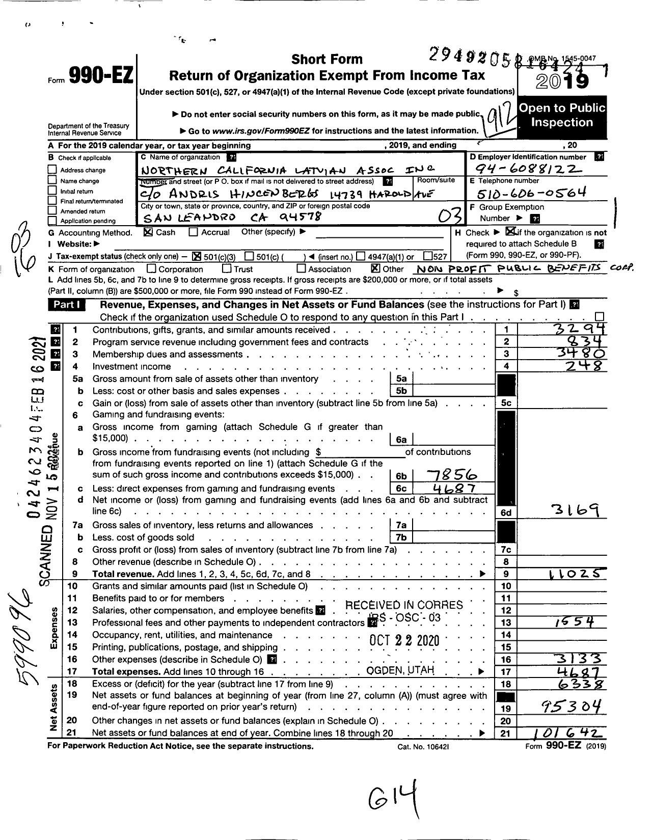 Image of first page of 2019 Form 990EZ for Northern California Latvian Association