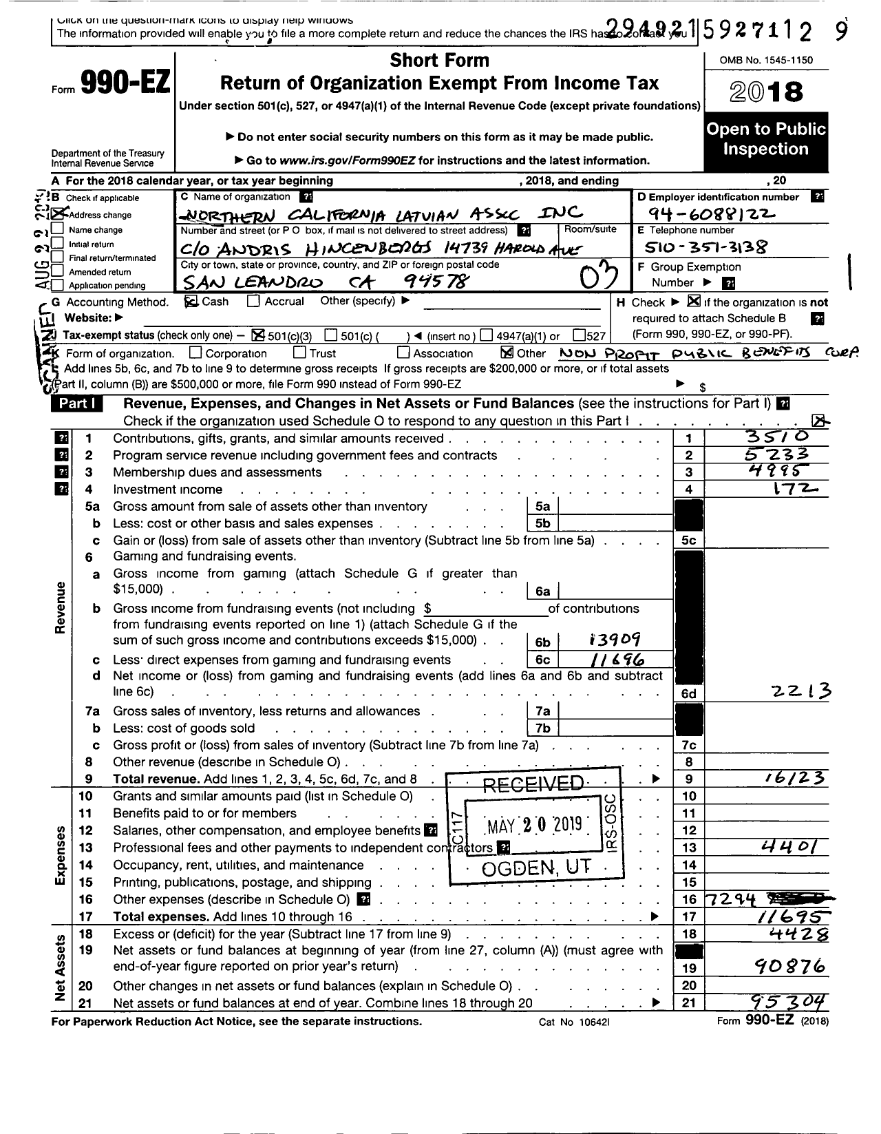 Image of first page of 2018 Form 990EZ for Northern California Latvian Association