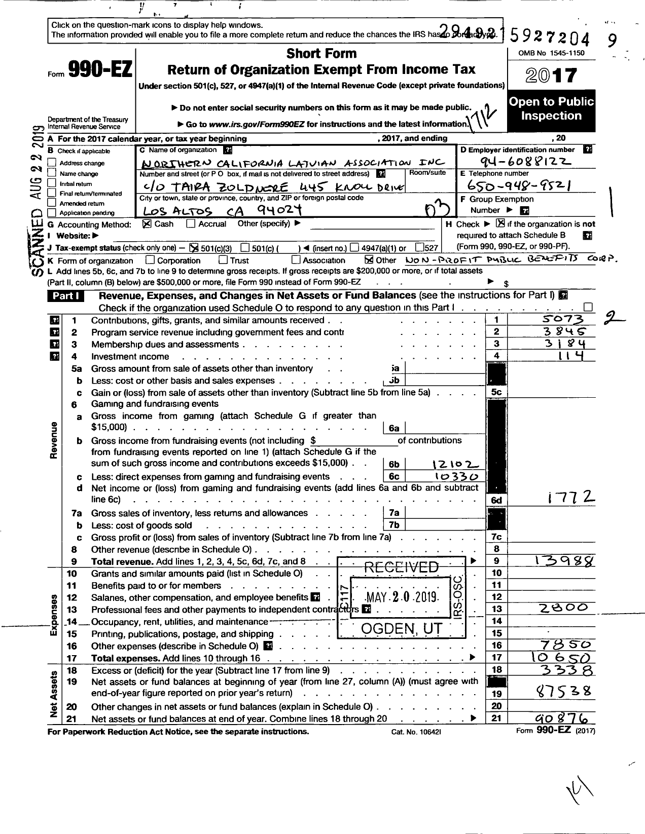 Image of first page of 2017 Form 990EZ for Northern California Latvian Association