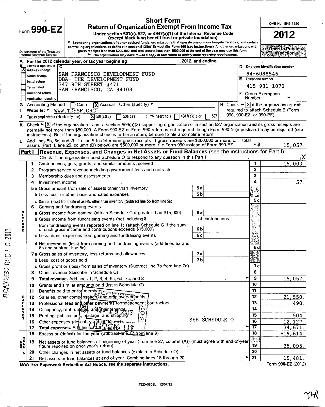 Image of first page of 2012 Form 990EZ for The Development Fund