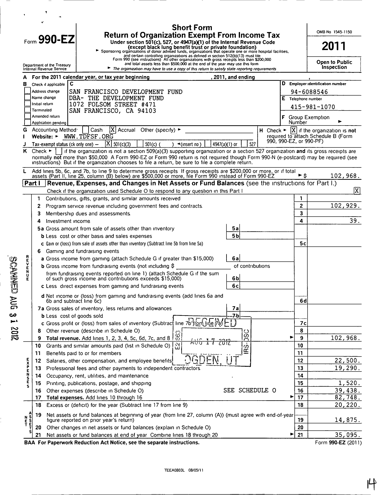 Image of first page of 2011 Form 990EZ for The Development Fund