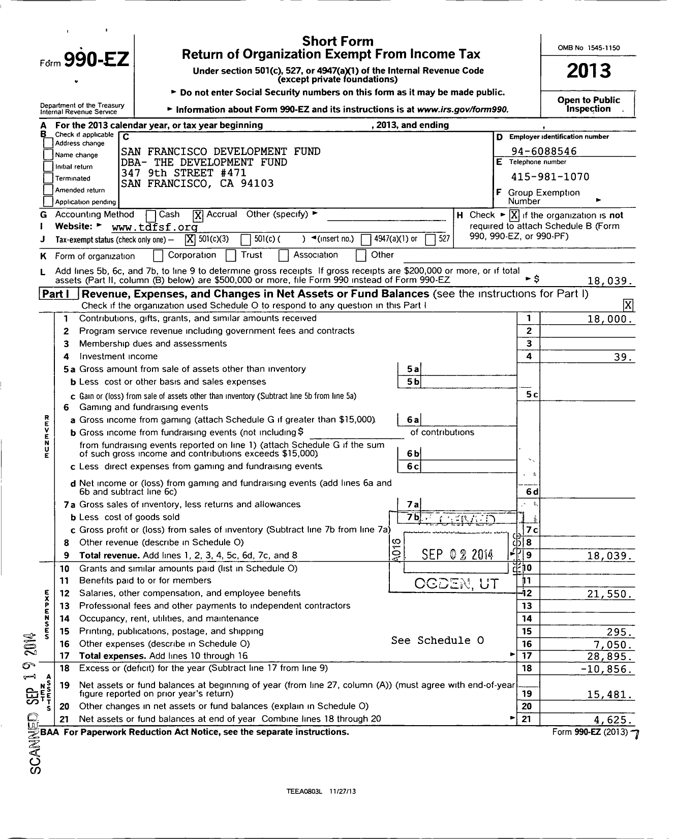 Image of first page of 2013 Form 990EZ for The Development Fund