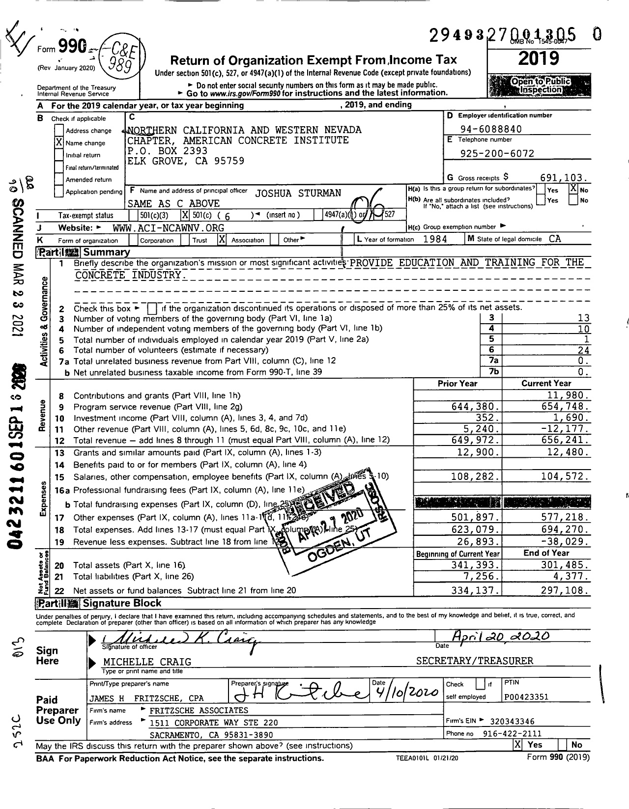 Image of first page of 2019 Form 990O for Northern California and Western Nevada Chapter American Concrete Institute