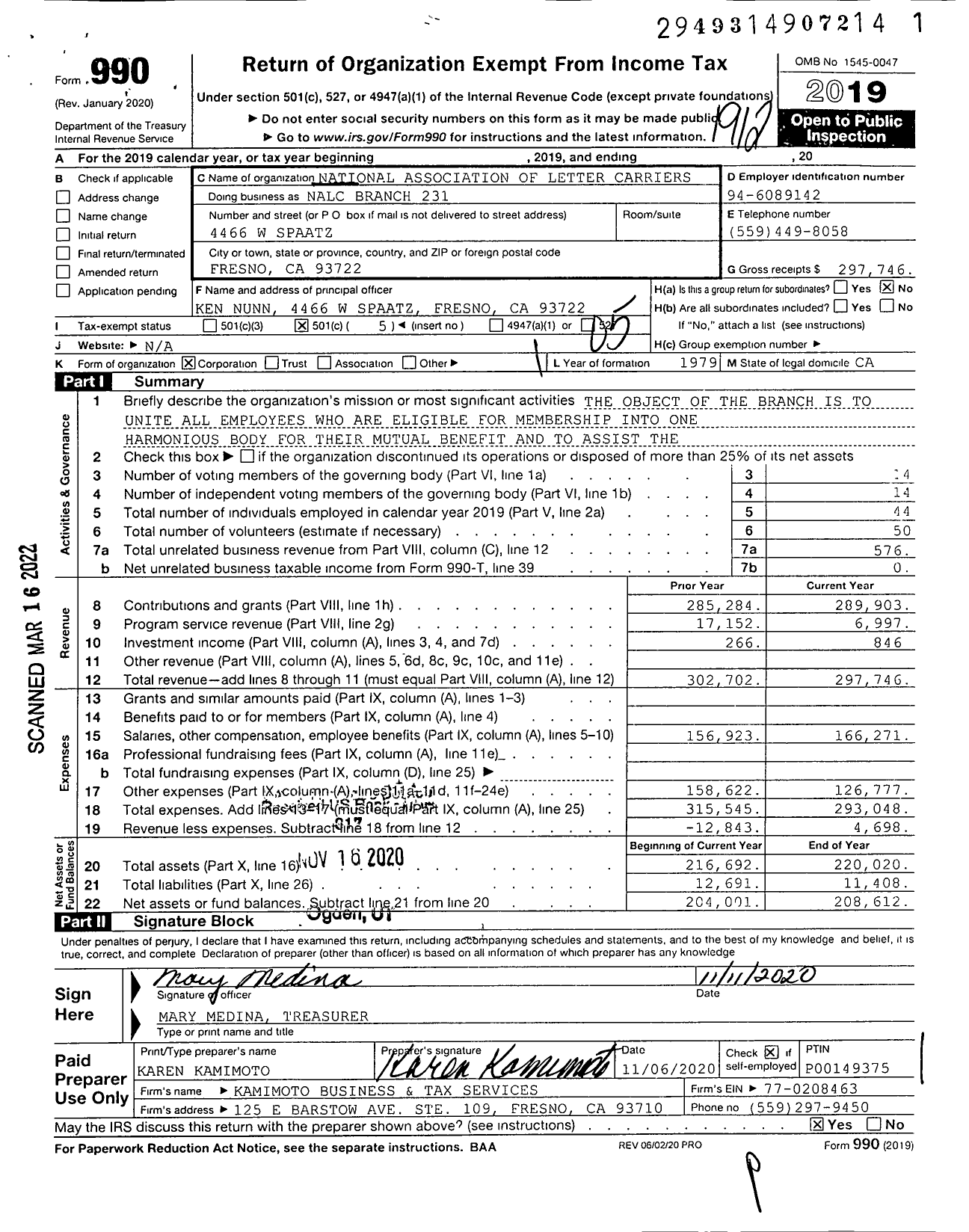 Image of first page of 2019 Form 990O for National Association of Letter Carriers - 231 Central California Branch