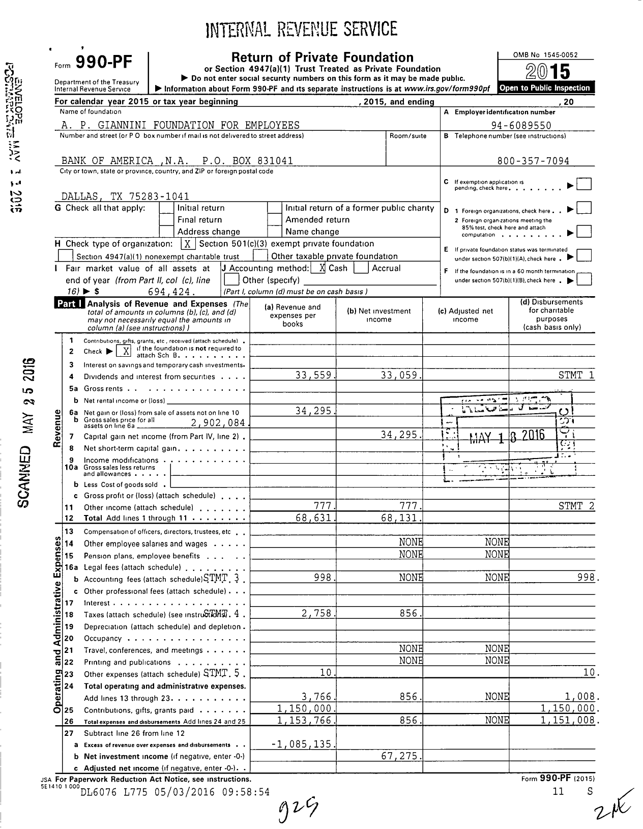 Image of first page of 2015 Form 990PF for A P Giannini Foundation for Employees