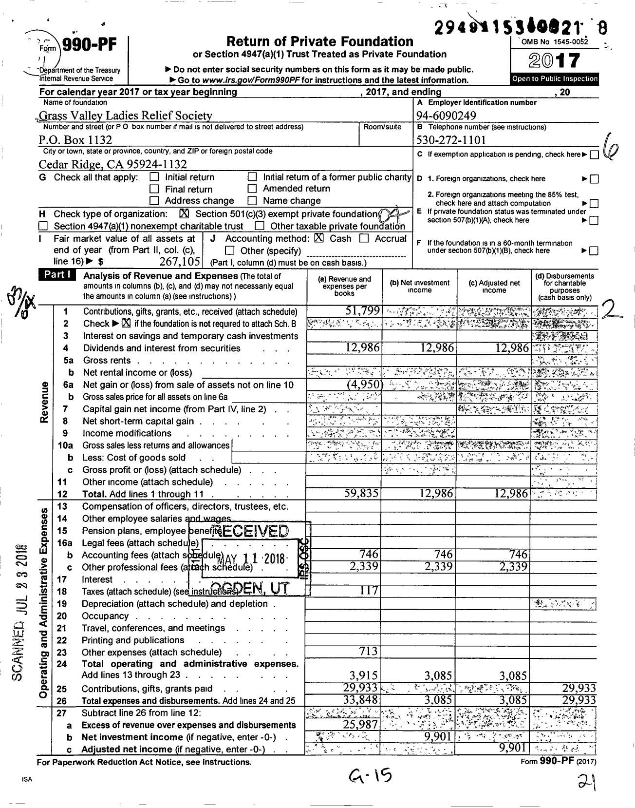 Image of first page of 2017 Form 990PF for Grass Valley Ladies Relief Society