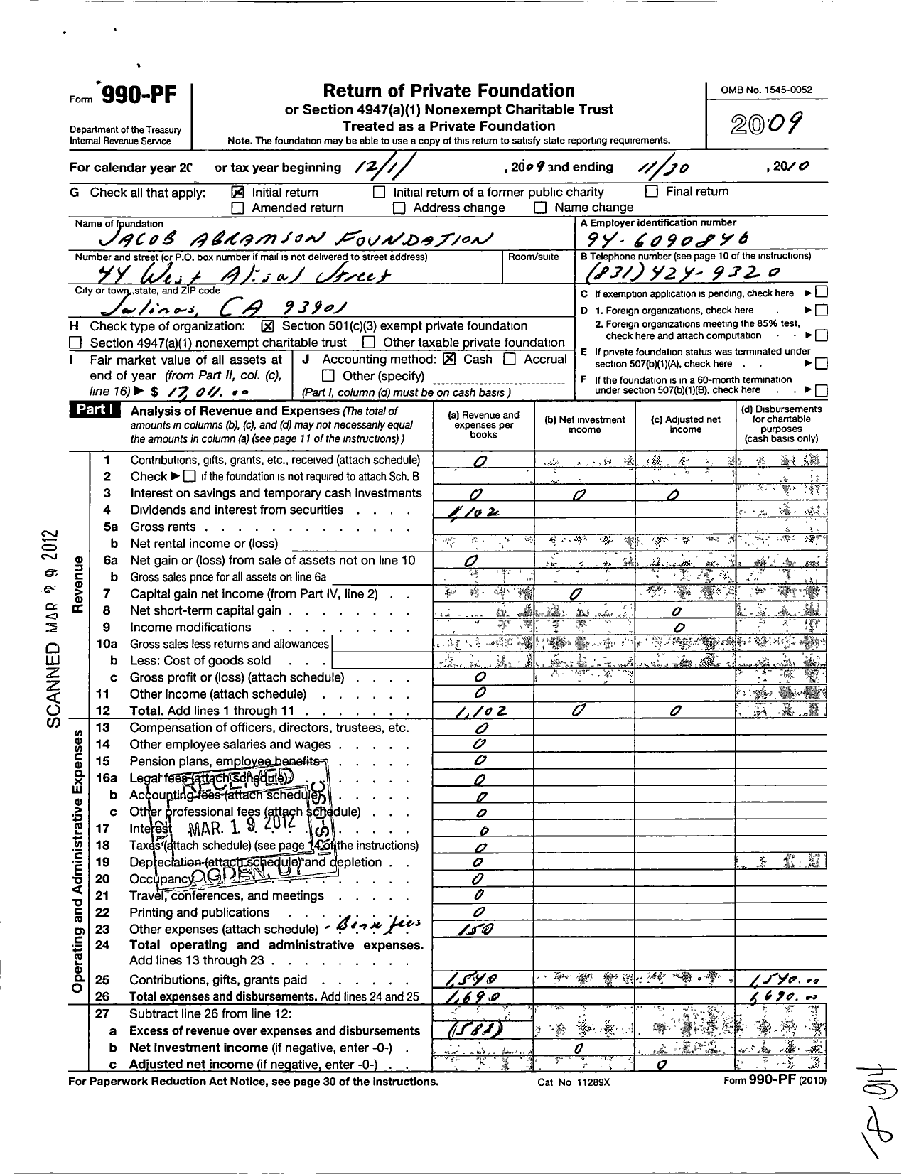 Image of first page of 2009 Form 990PF for Jacob Abramson Foundation