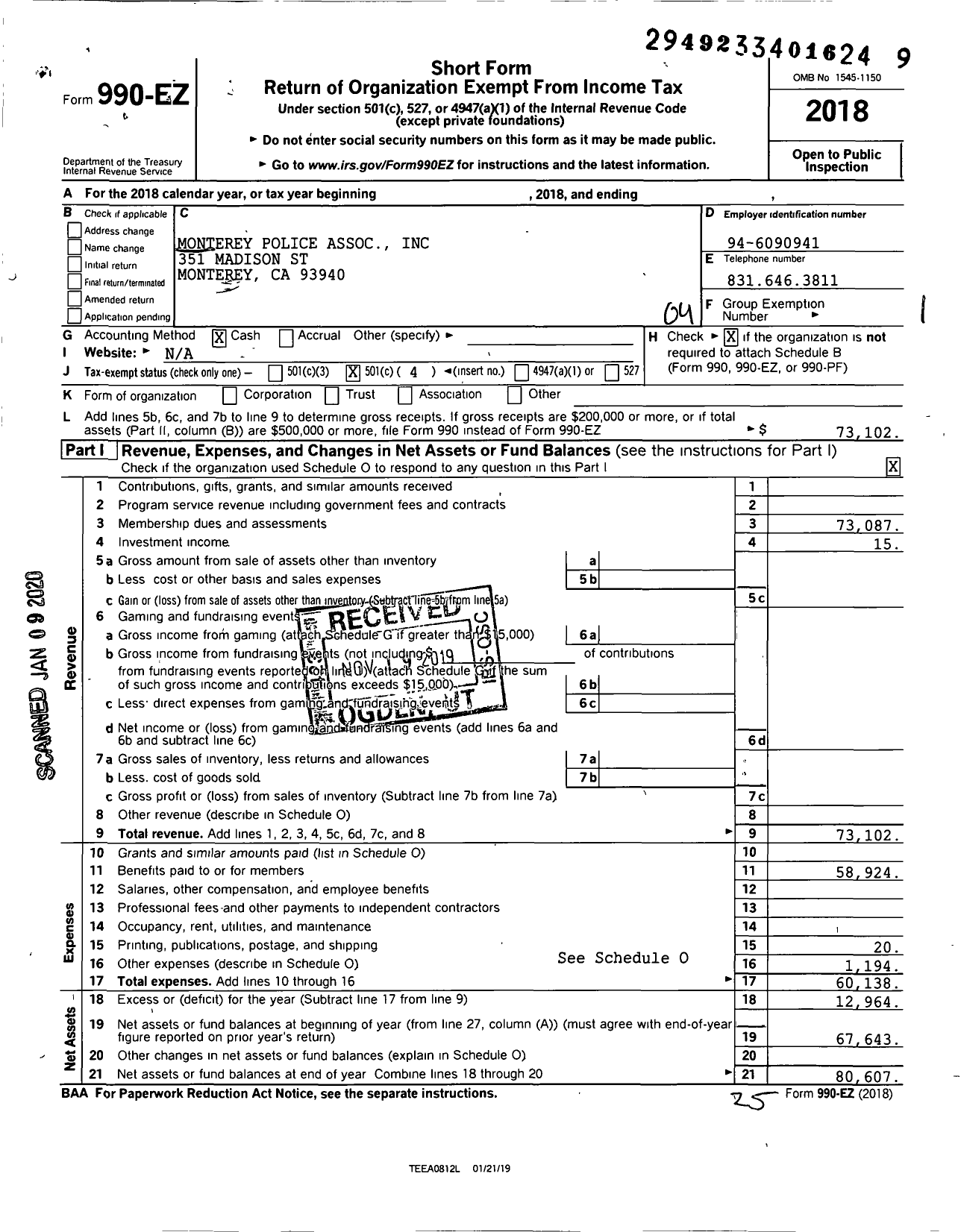 Image of first page of 2018 Form 990EO for Monterey Police Assoc