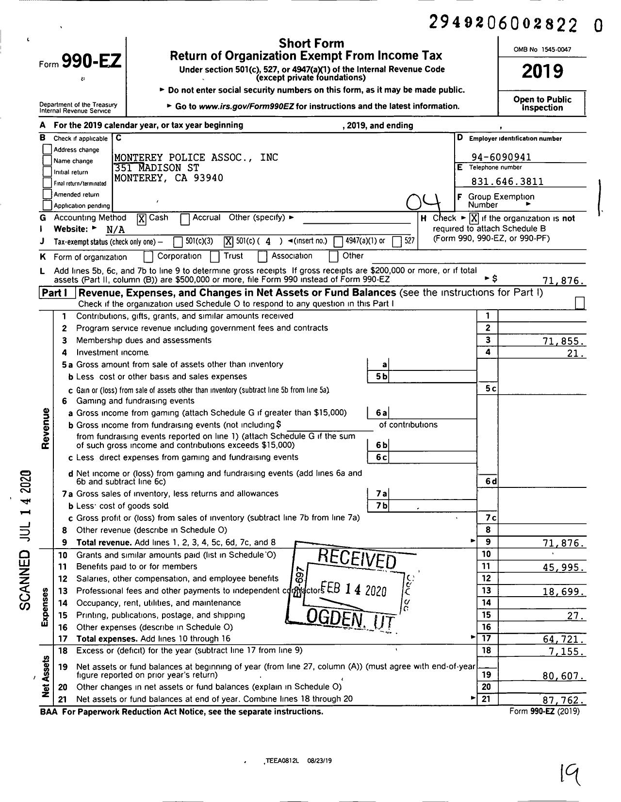 Image of first page of 2019 Form 990EO for Monterey Police Assoc