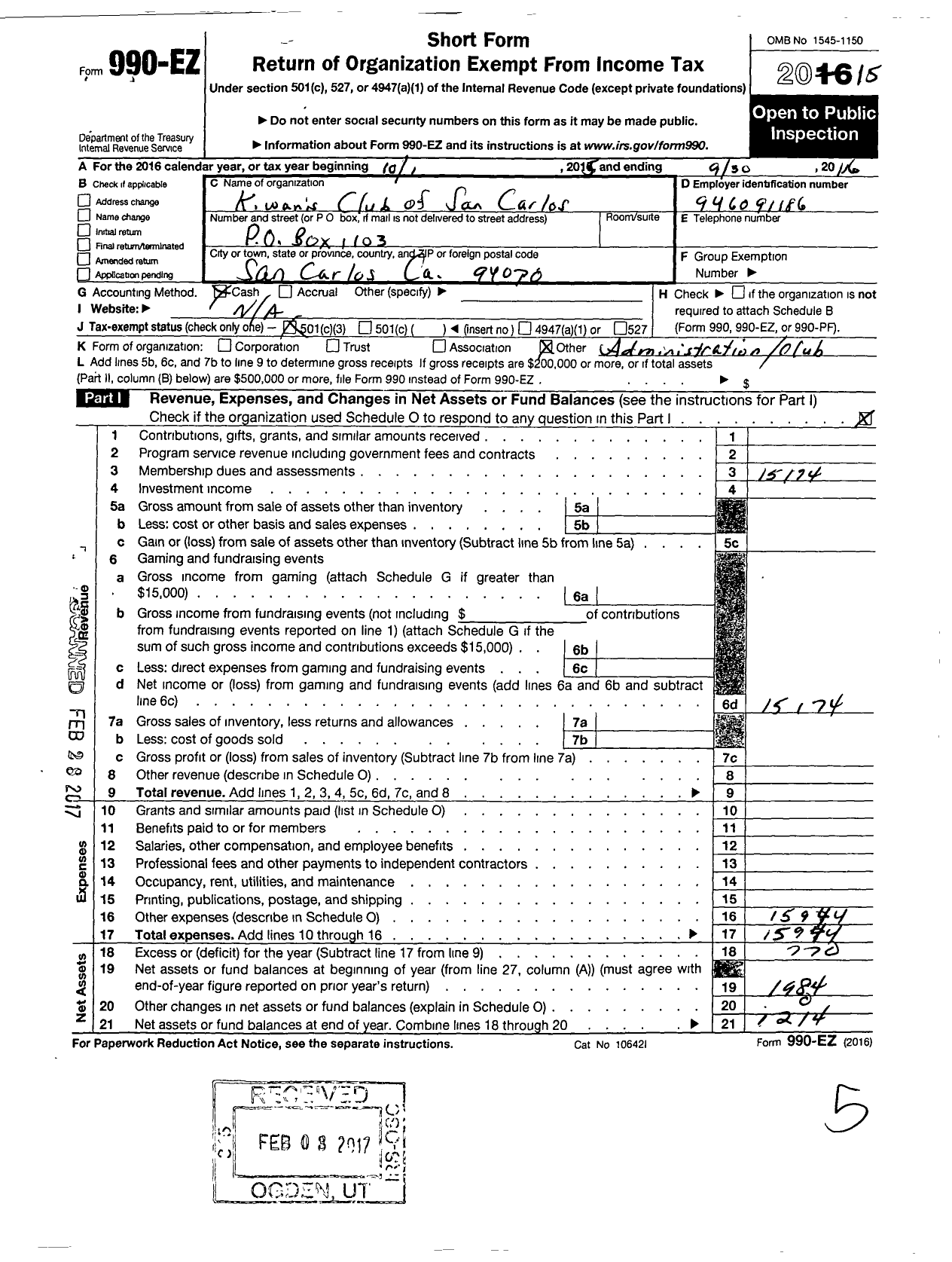 Image of first page of 2015 Form 990EZ for Kiwanis International - K02907 San Carlos
