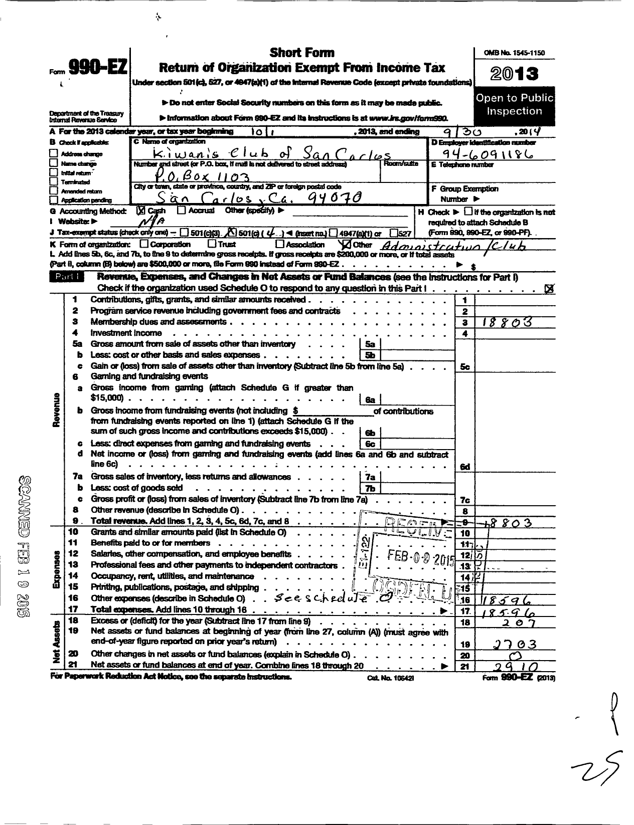 Image of first page of 2013 Form 990EO for Kiwanis International - K02907 San Carlos