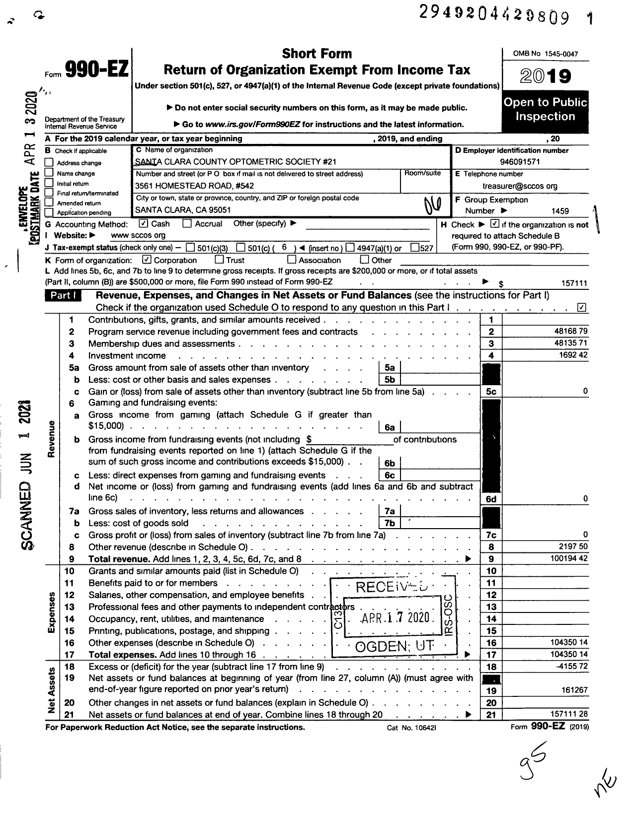 Image of first page of 2019 Form 990EO for California Optometric Association / Santa Clara County Optometric Soc