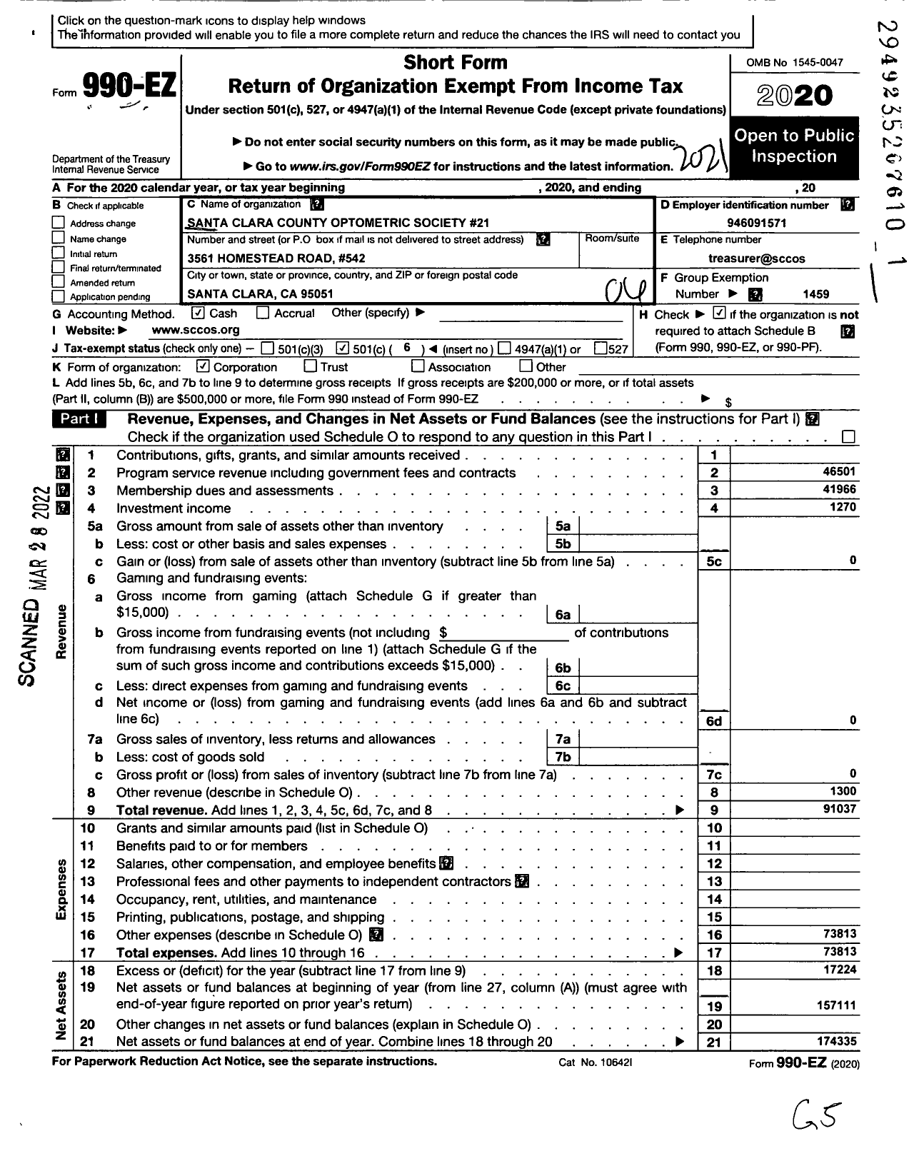 Image of first page of 2020 Form 990EO for California Optometric Association / Santa Clara County Optometric Soc