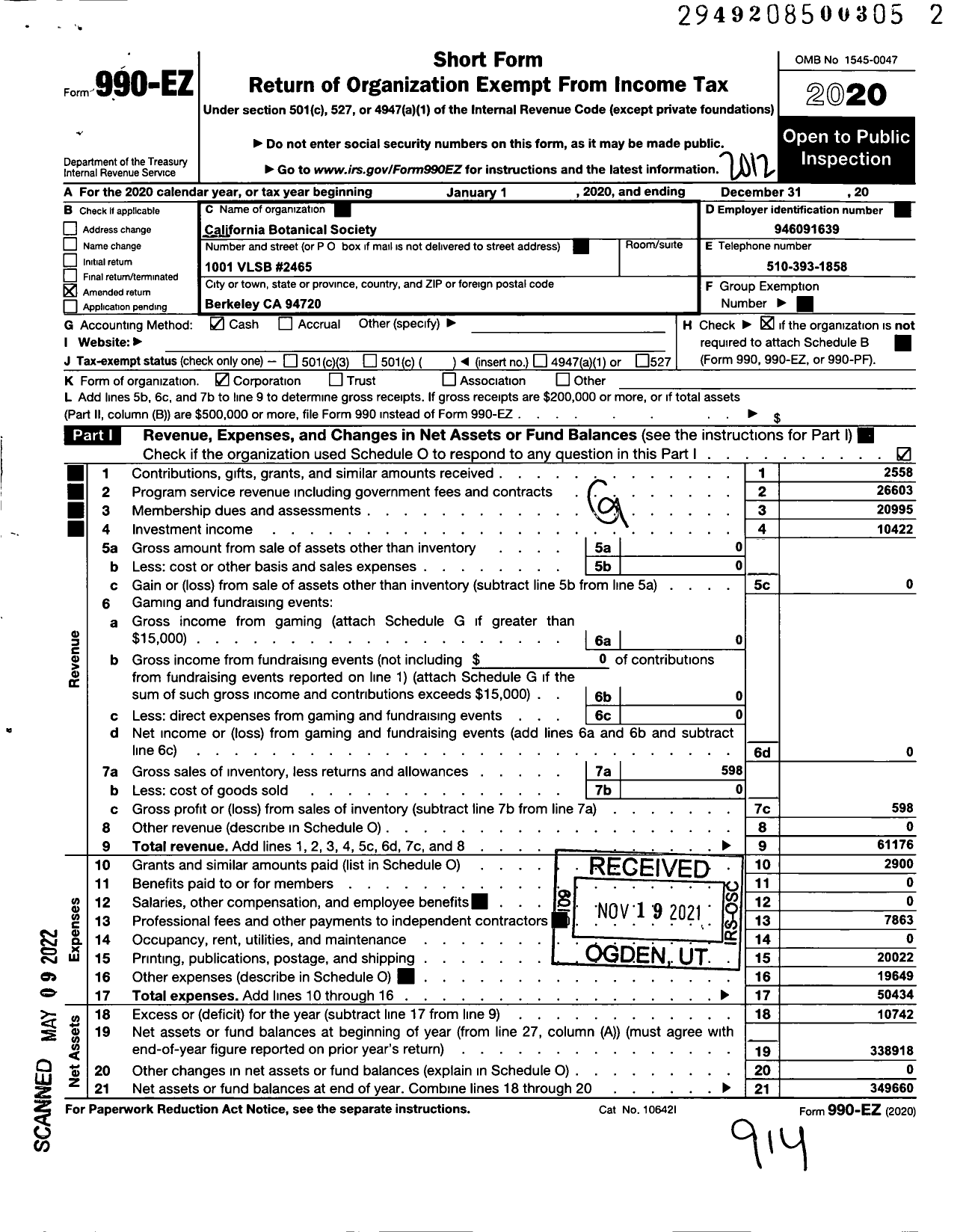 Image of first page of 2020 Form 990EO for California Botanical Society