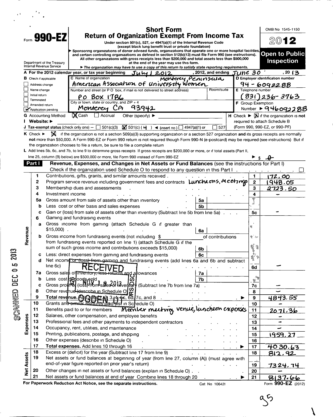 Image of first page of 2012 Form 990EO for The Monterey Peninsula California Branch of the American Association