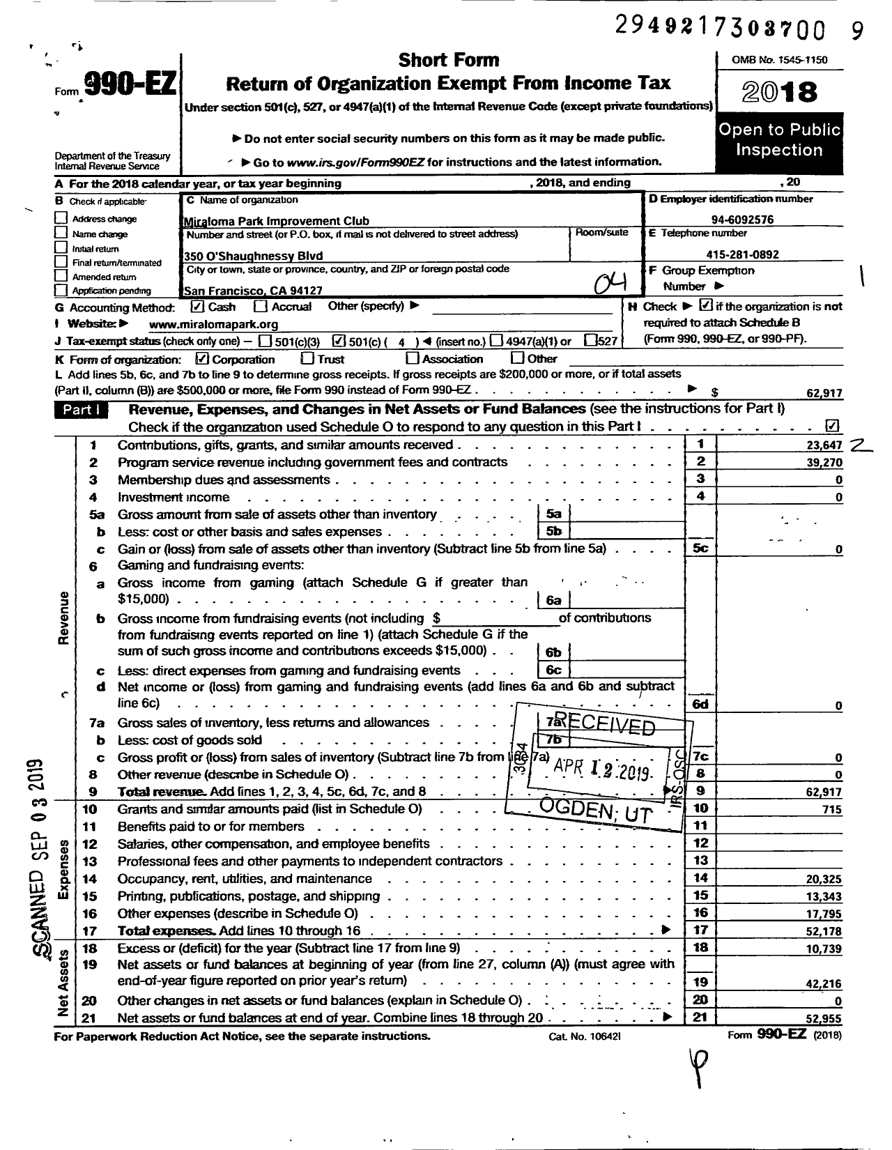 Image of first page of 2018 Form 990EO for Miraloma Park Improvement Club