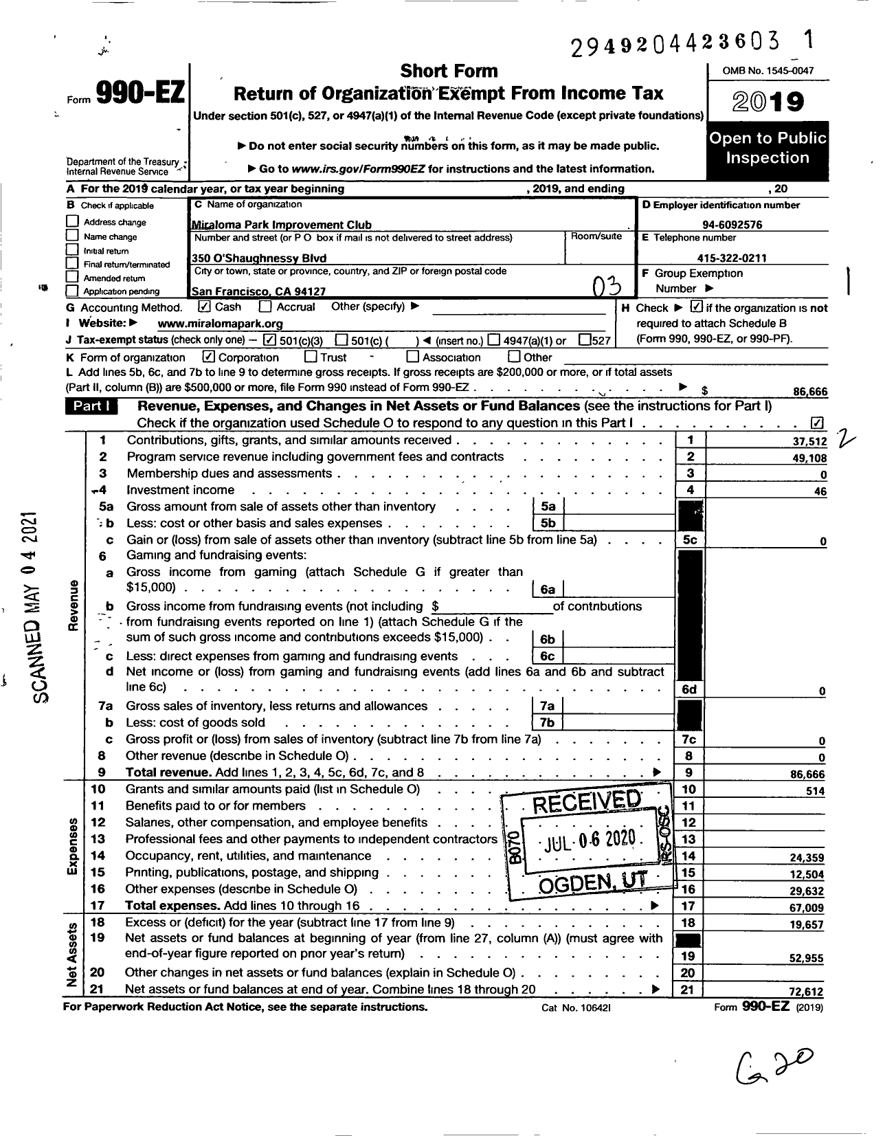 Image of first page of 2019 Form 990EZ for Miraloma Park Improvement Club