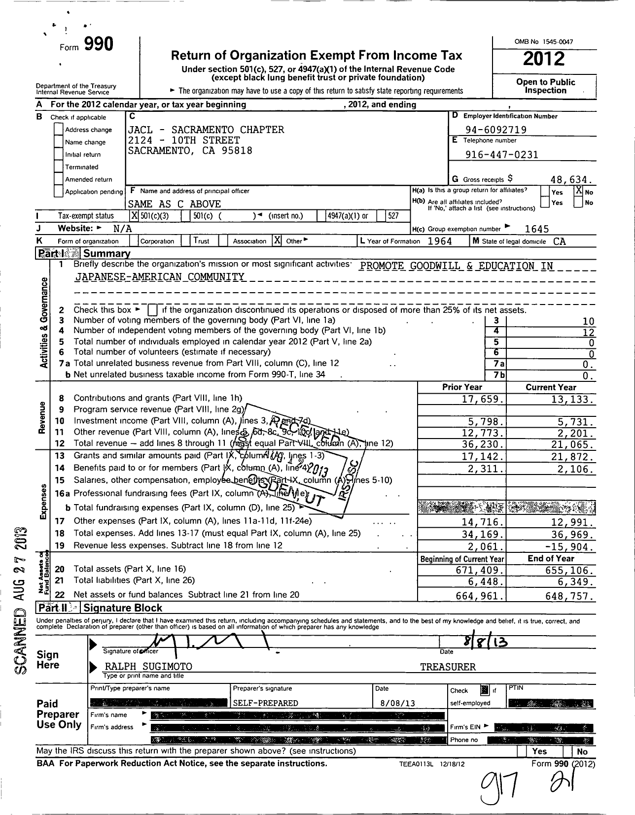 Image of first page of 2012 Form 990 for Japanese American Citizens League / Sacramento Chapter