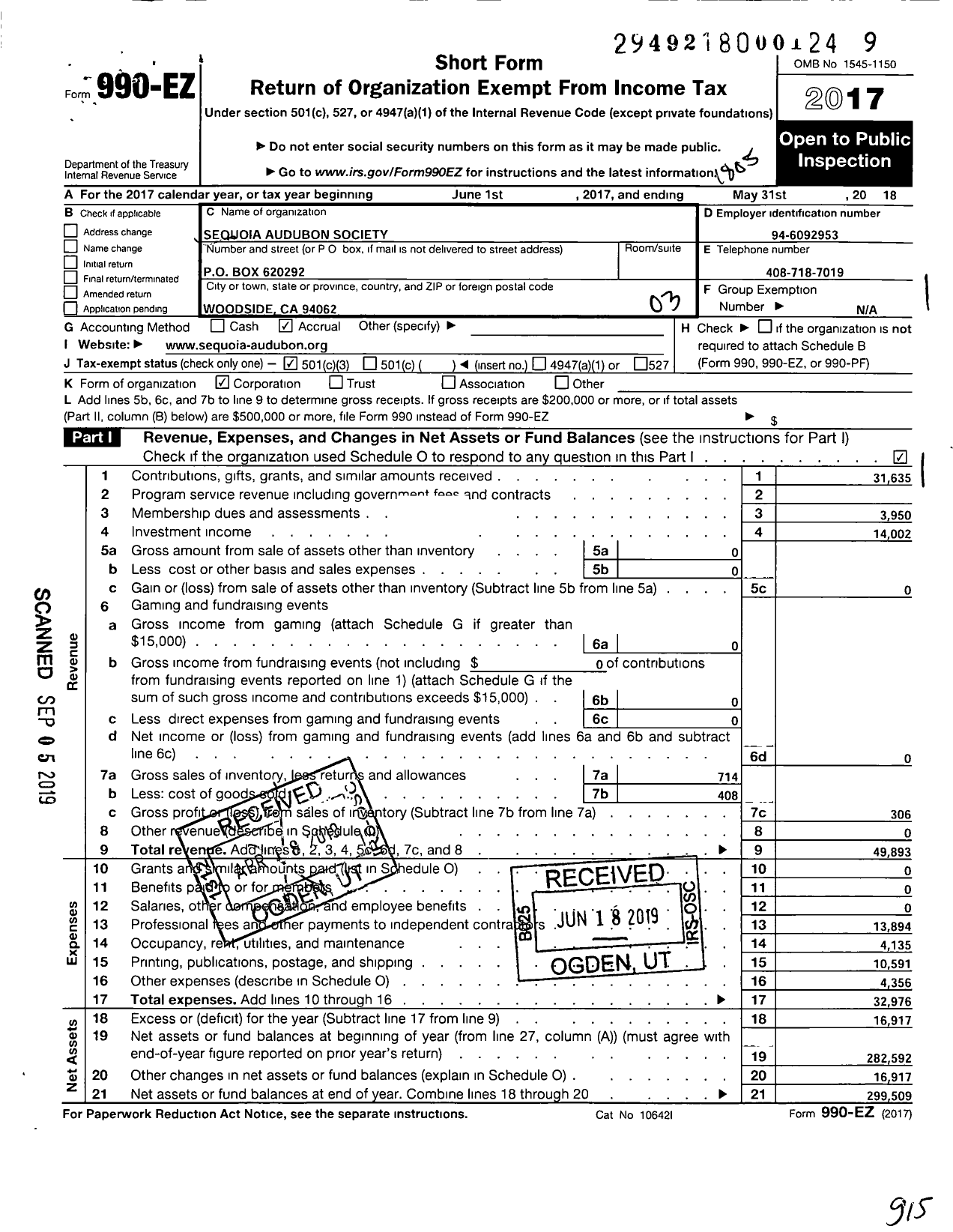 Image of first page of 2017 Form 990EZ for Sequoia Audubon Society