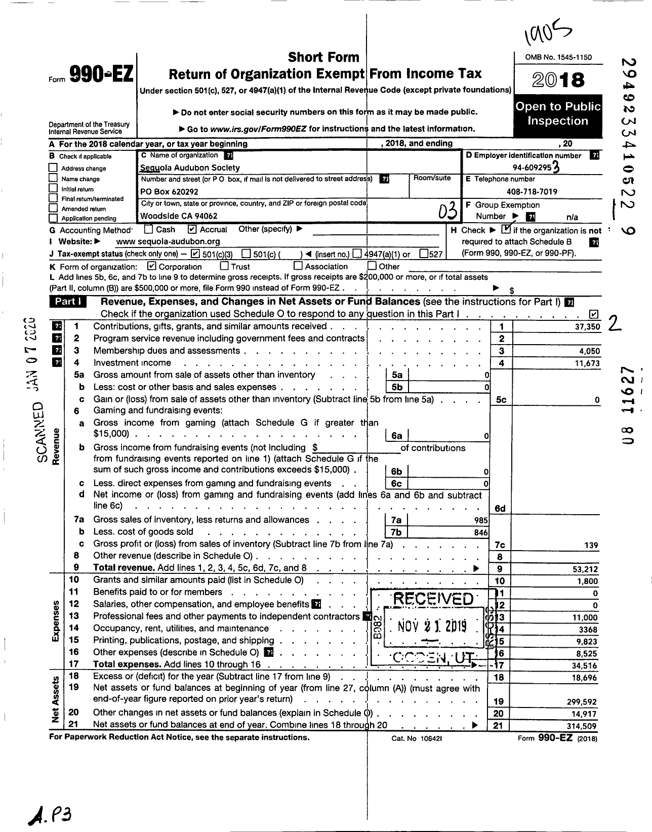 Image of first page of 2018 Form 990EZ for Sequoia Audubon Society