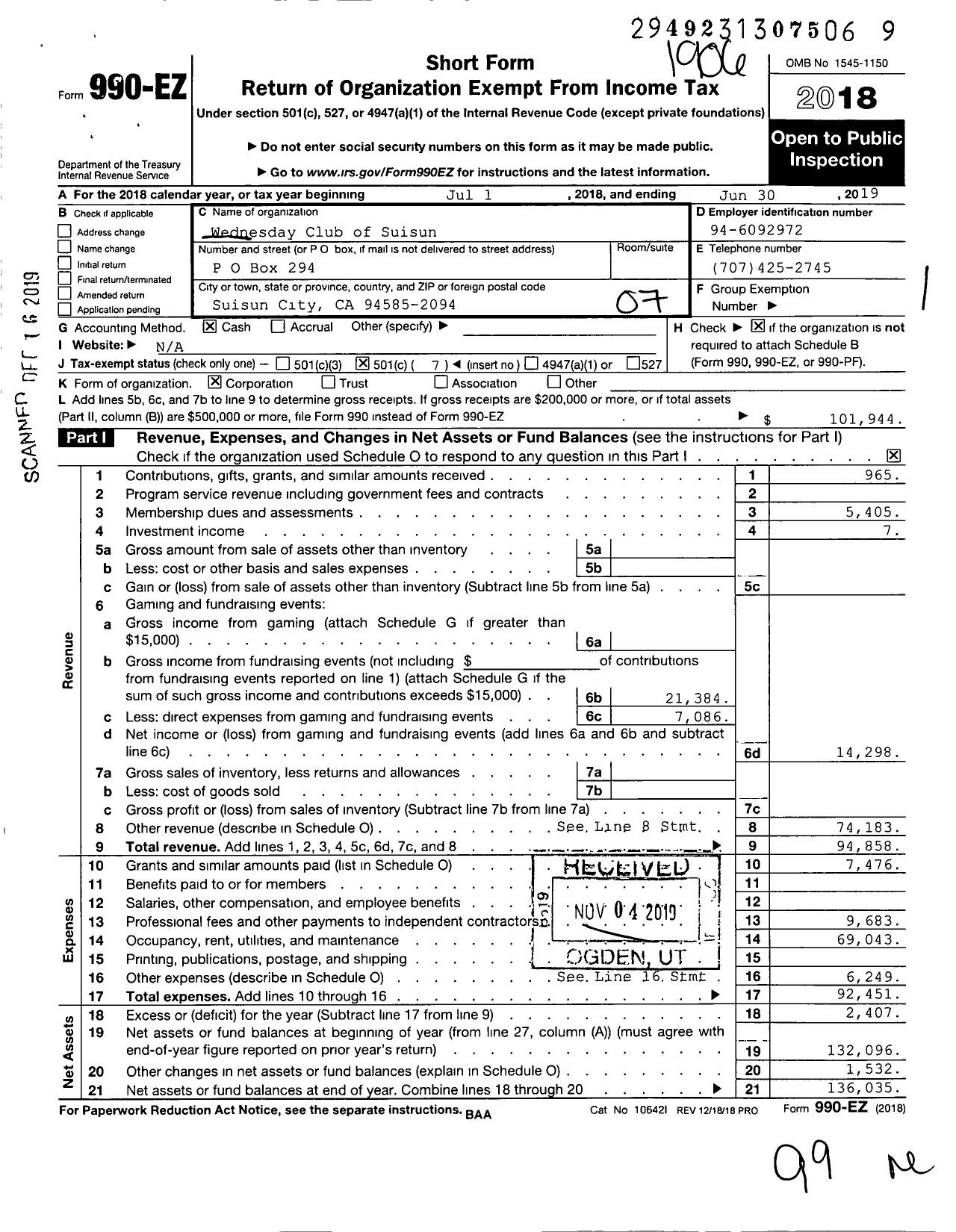 Image of first page of 2018 Form 990EO for Wednesday Club of Suisun