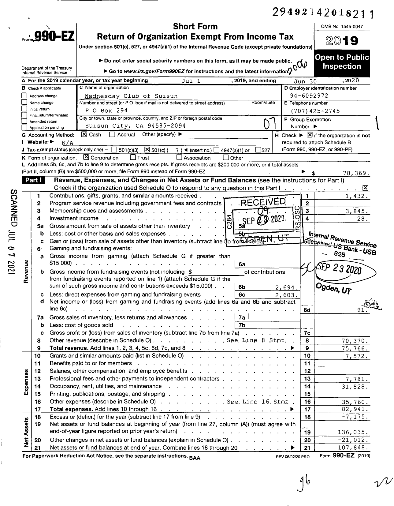 Image of first page of 2019 Form 990EO for Wednesday Club of Suisun