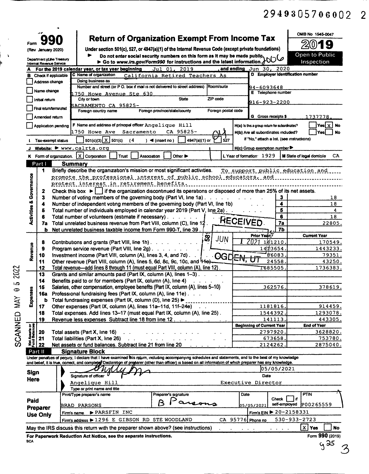 Image of first page of 2019 Form 990O for California Retired Teachers Association
