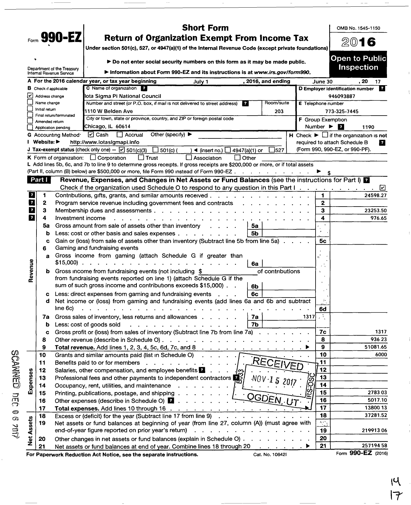 Image of first page of 2016 Form 990EZ for Iota Sigma Pi National Council