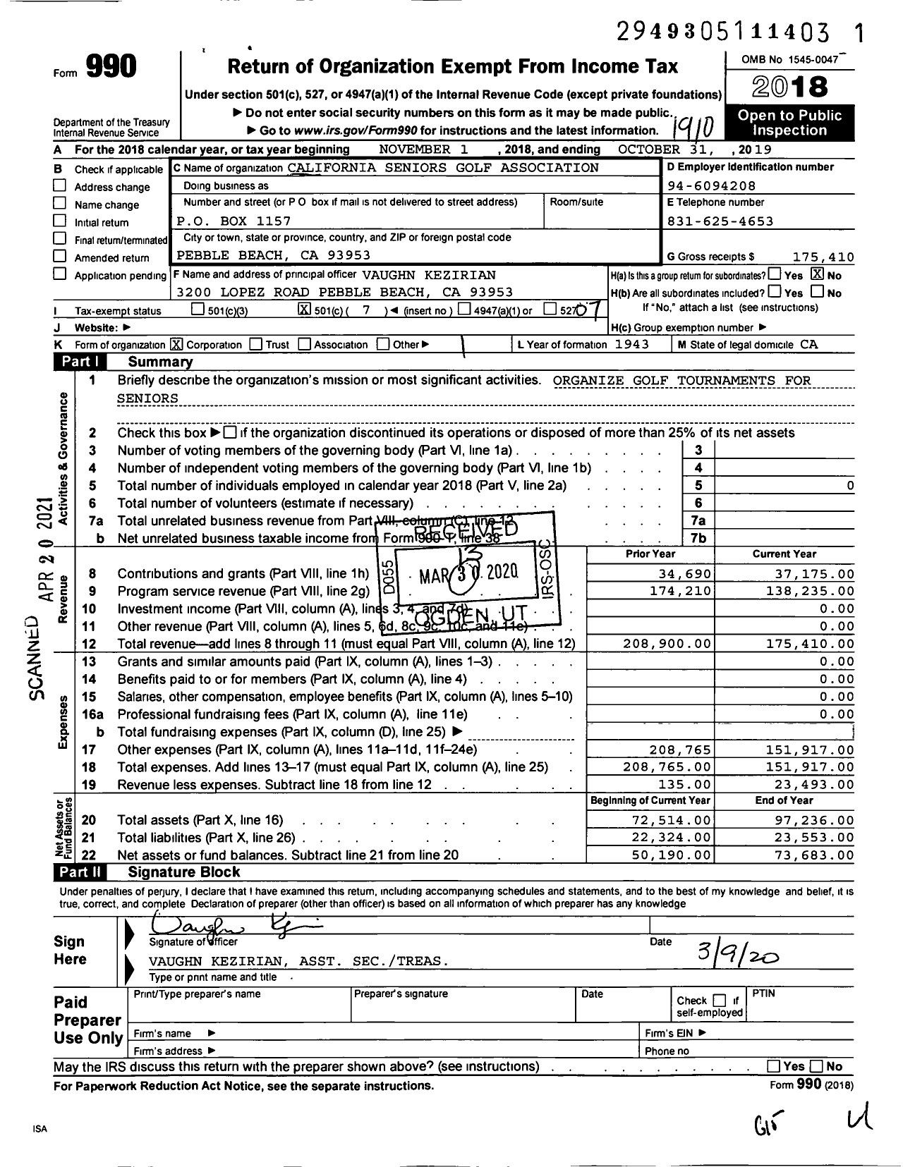 Image of first page of 2018 Form 990O for California Seniors Golf Association