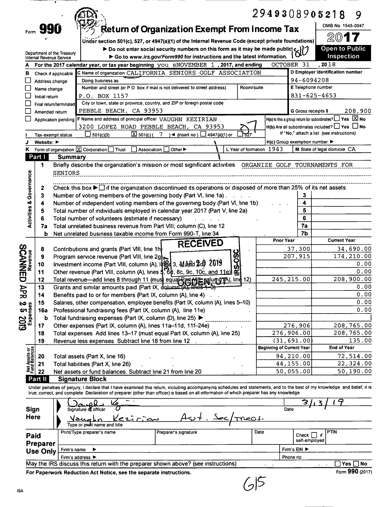 Image of first page of 2017 Form 990O for California Seniors Golf Association