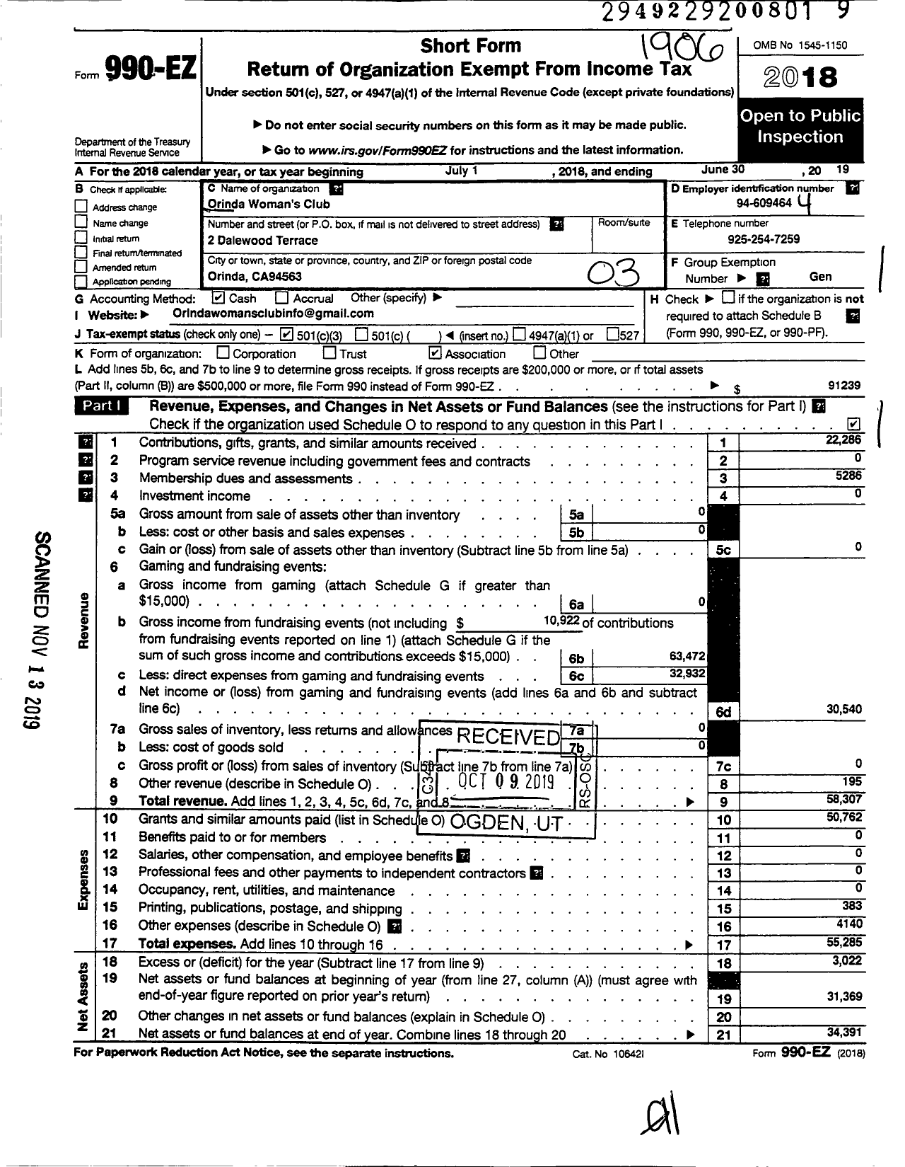 Image of first page of 2018 Form 990EZ for Orinda Womans Club