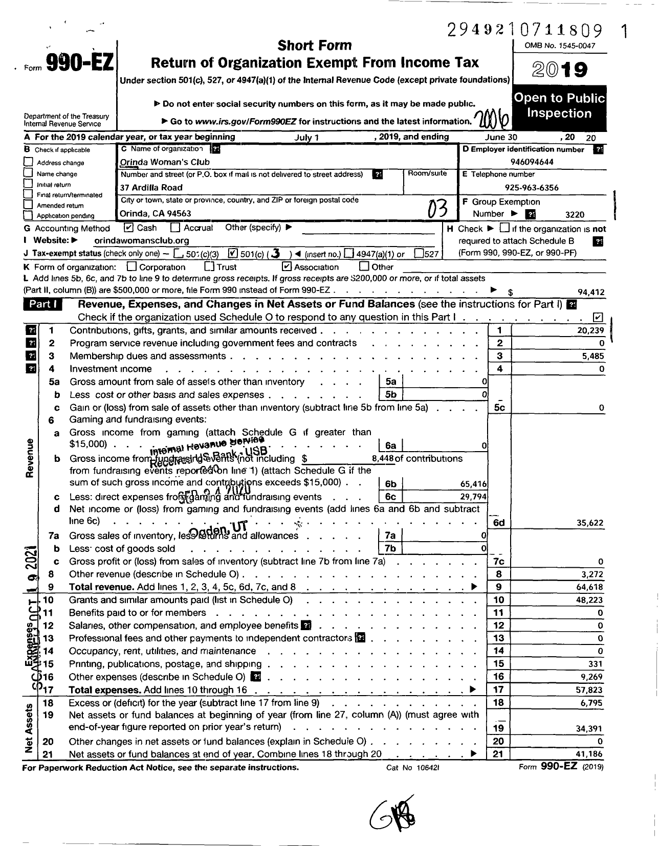 Image of first page of 2019 Form 990EZ for Orinda Womans Club